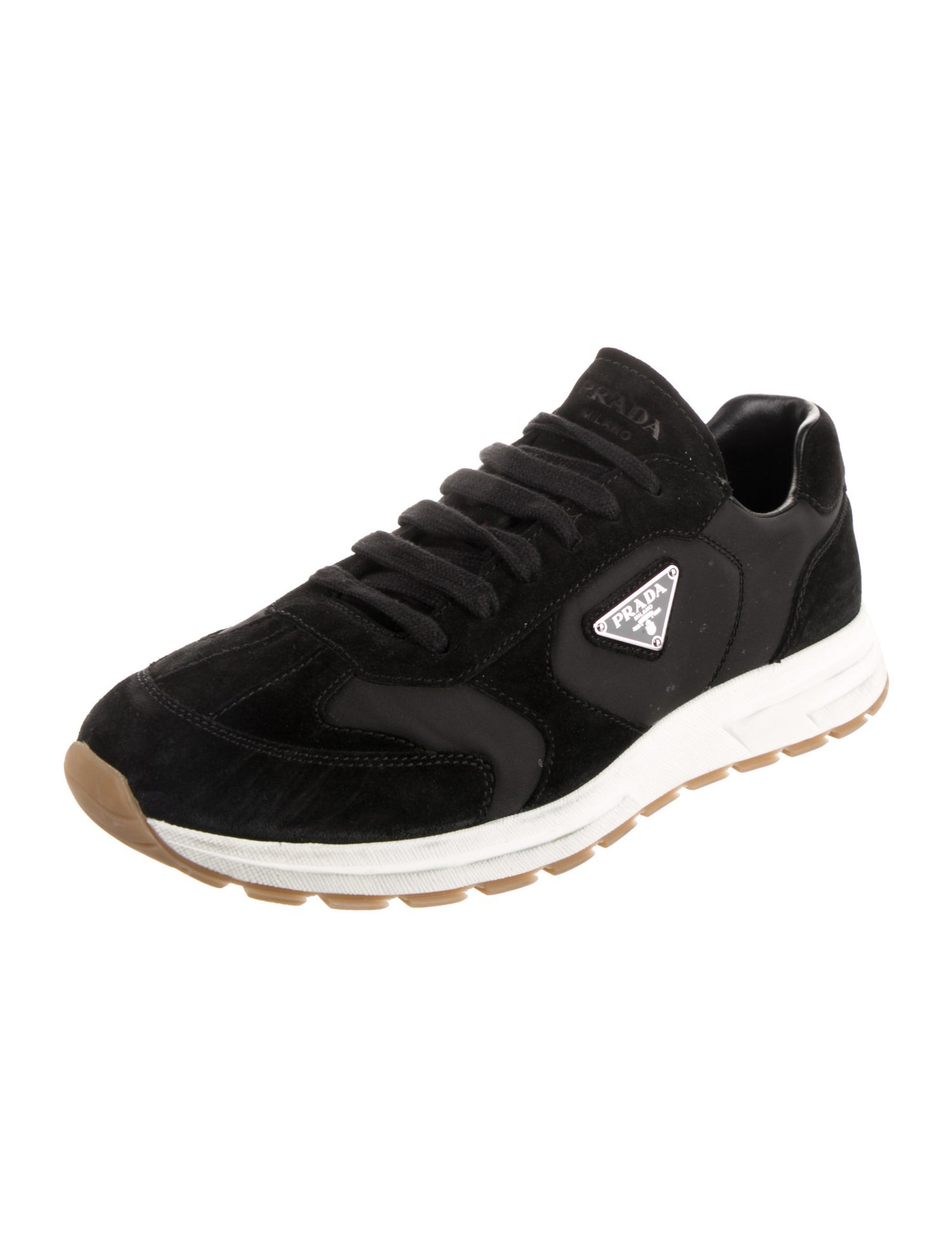 Prada Enameled Metal Triangle Suede Sneakers