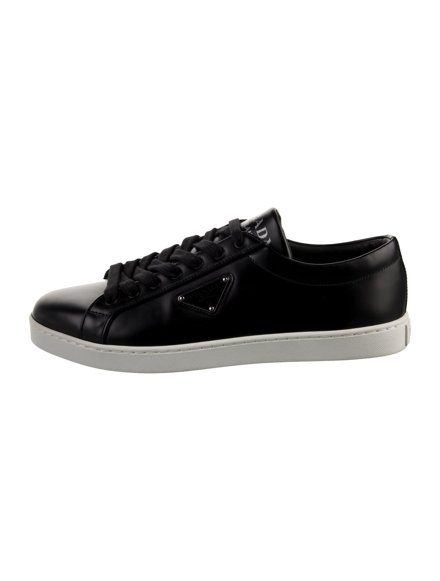Prada Enameled Metal Triangle Leather Sneakers