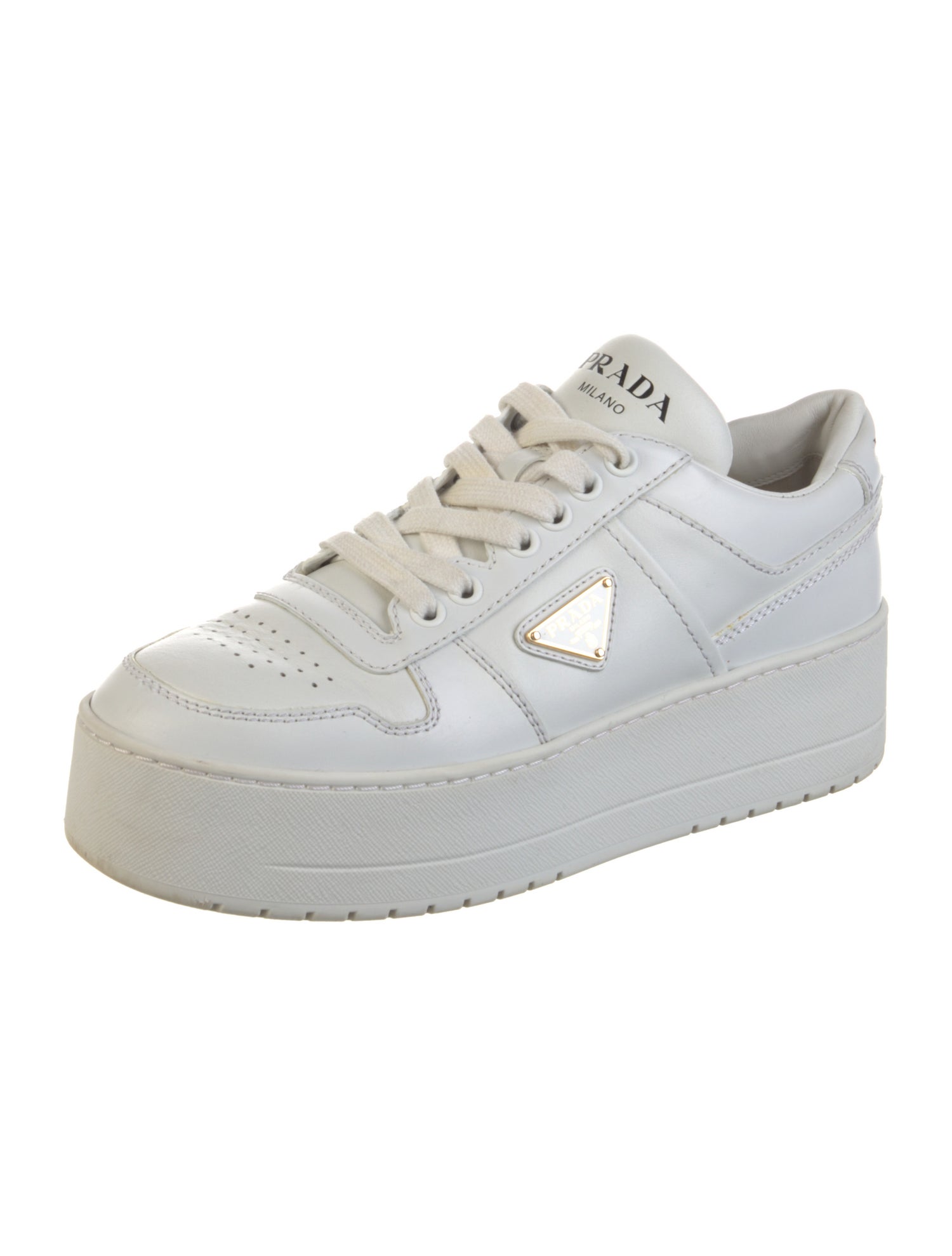 Prada Enameled Metal Triangle Leather Sneakers