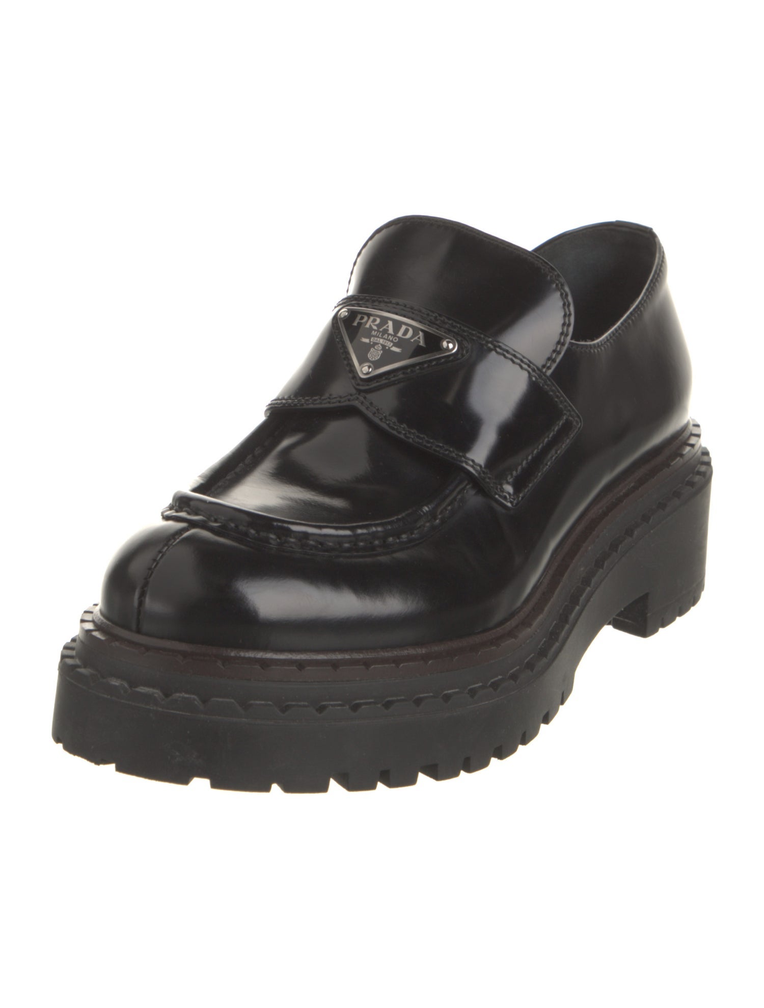 Prada Enameled Metal Triangle Leather Oxfords