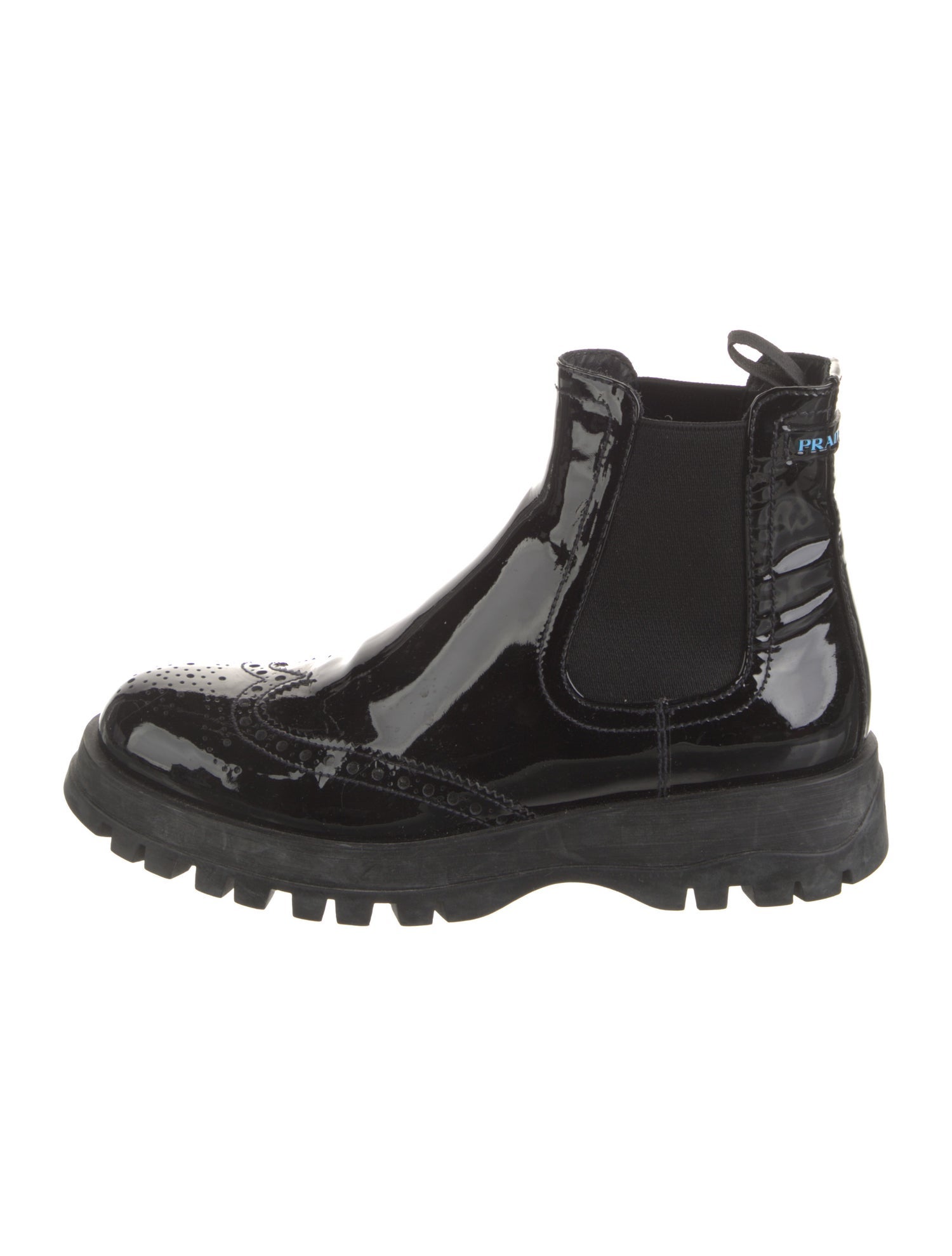 Prada Patent Leather Lasercut Accents Chelsea Boots