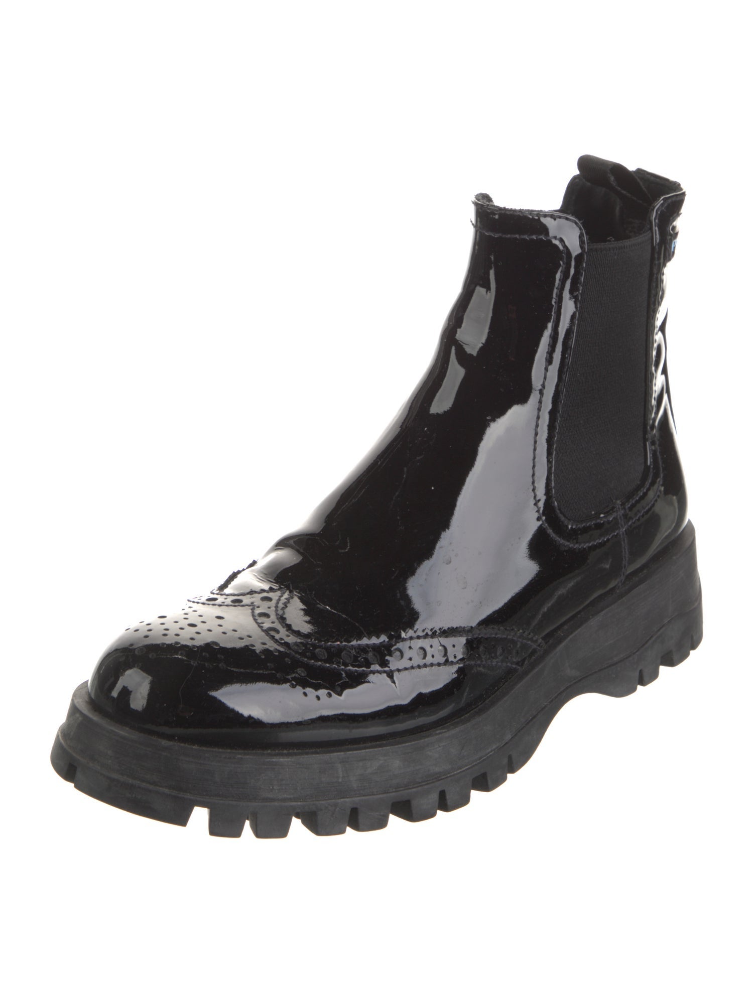 Prada Patent Leather Lasercut Accents Chelsea Boots