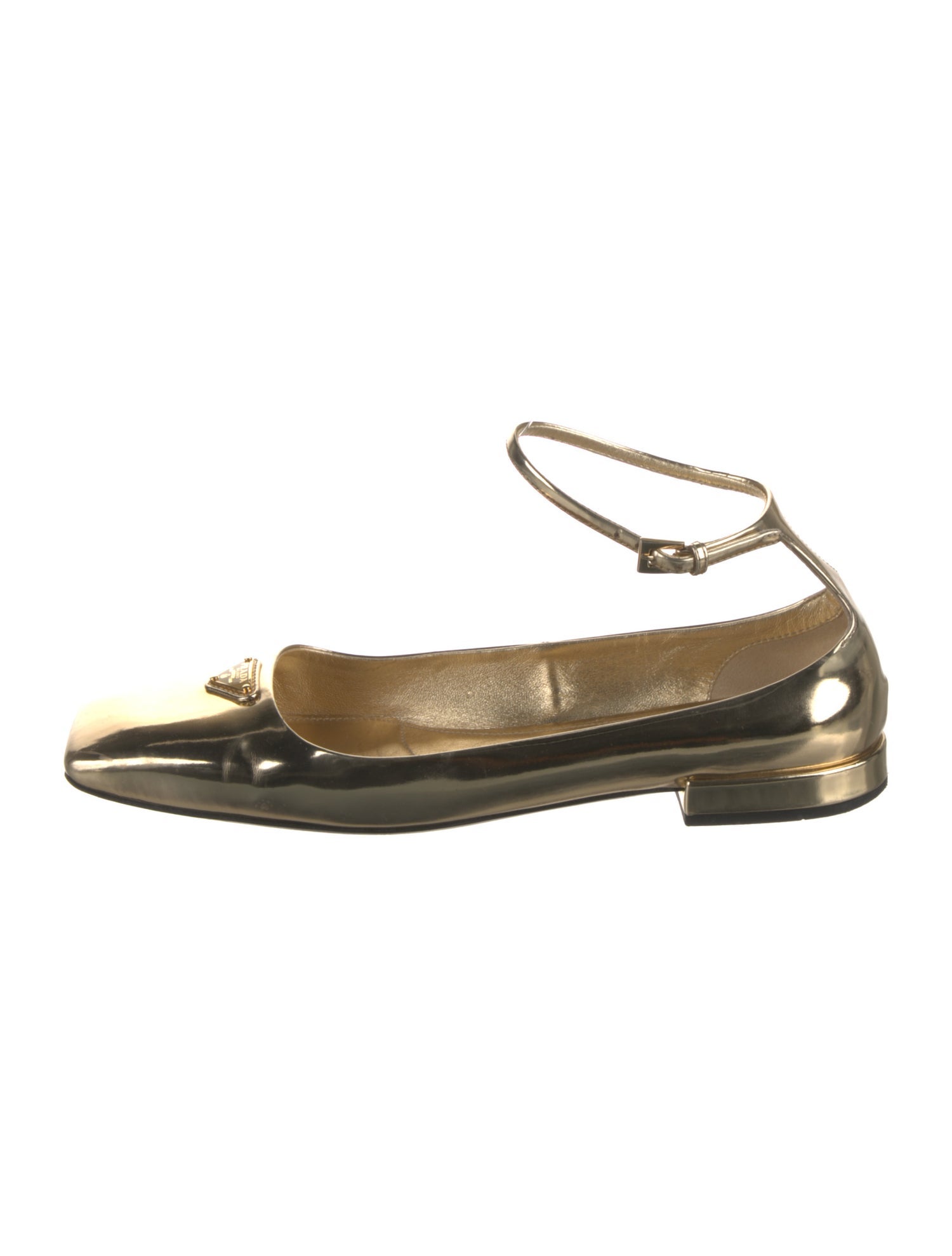 Prada Enameled Metal Triangle Patent Leather Flats