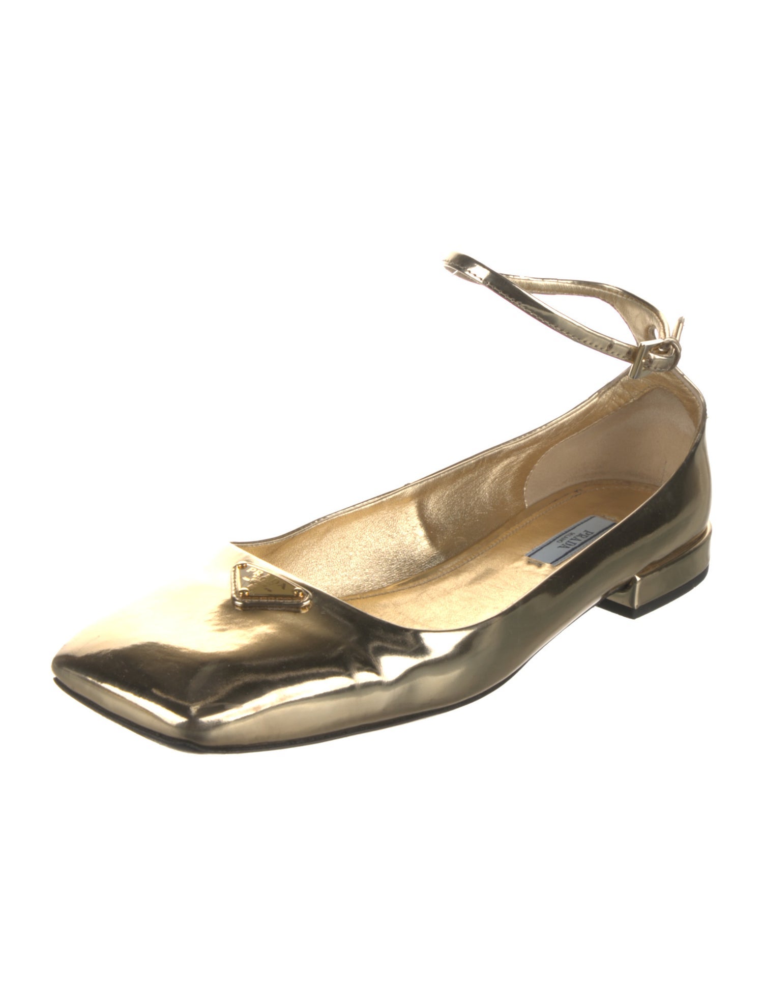 Prada Enameled Metal Triangle Patent Leather Flats