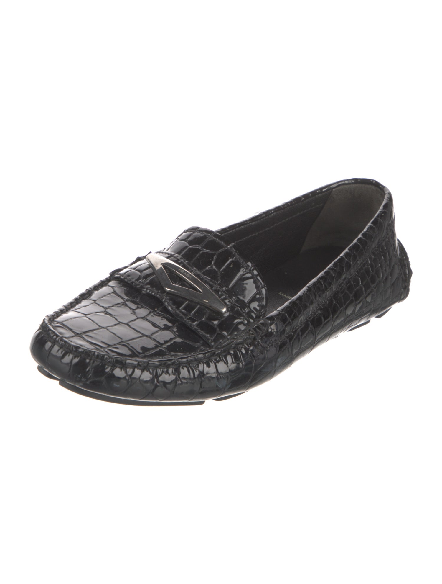 Prada Enameled Metal Triangle Embossed Leather Loafers