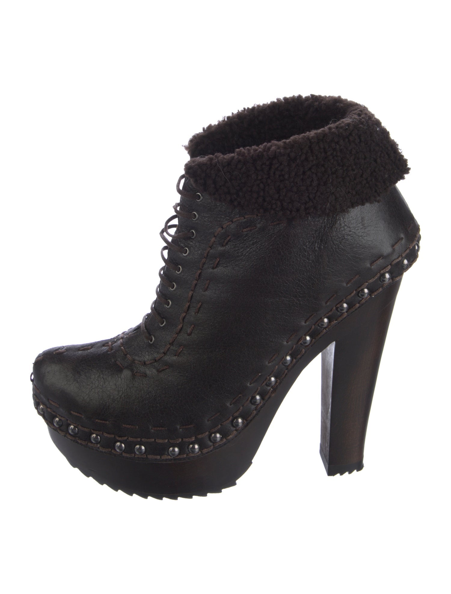 Prada Leather Studded Accents Lace-Up Boots