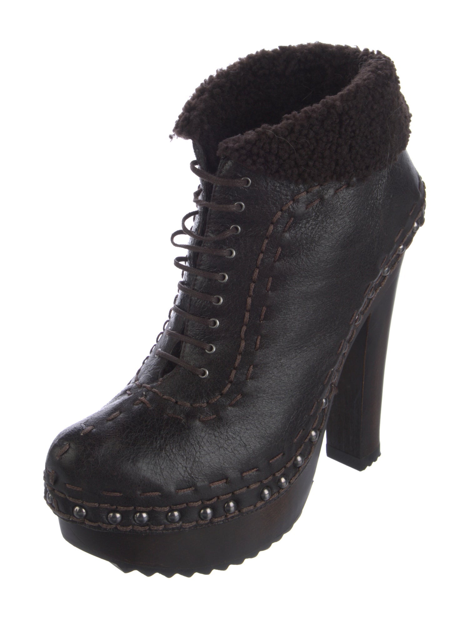 Prada Leather Studded Accents Lace-Up Boots