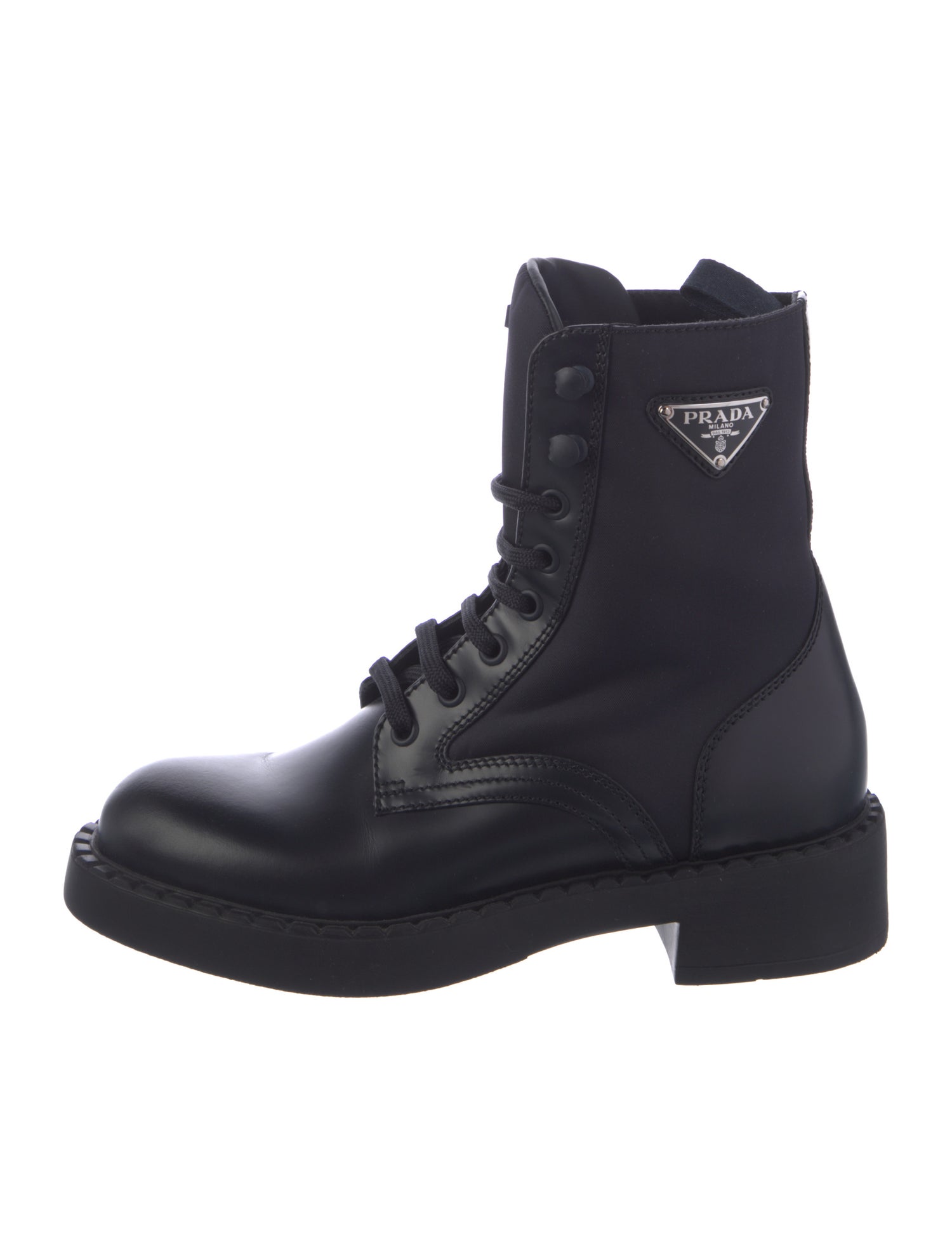 Prada Enameled Metal Triangle Leather Combat Boots