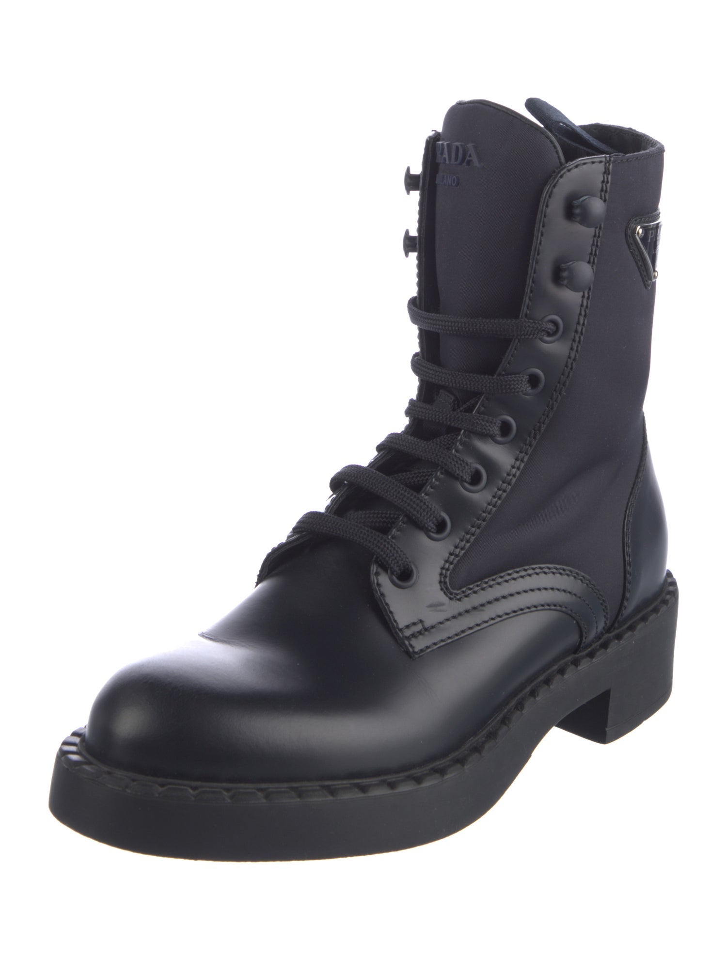 Prada Enameled Metal Triangle Leather Combat Boots