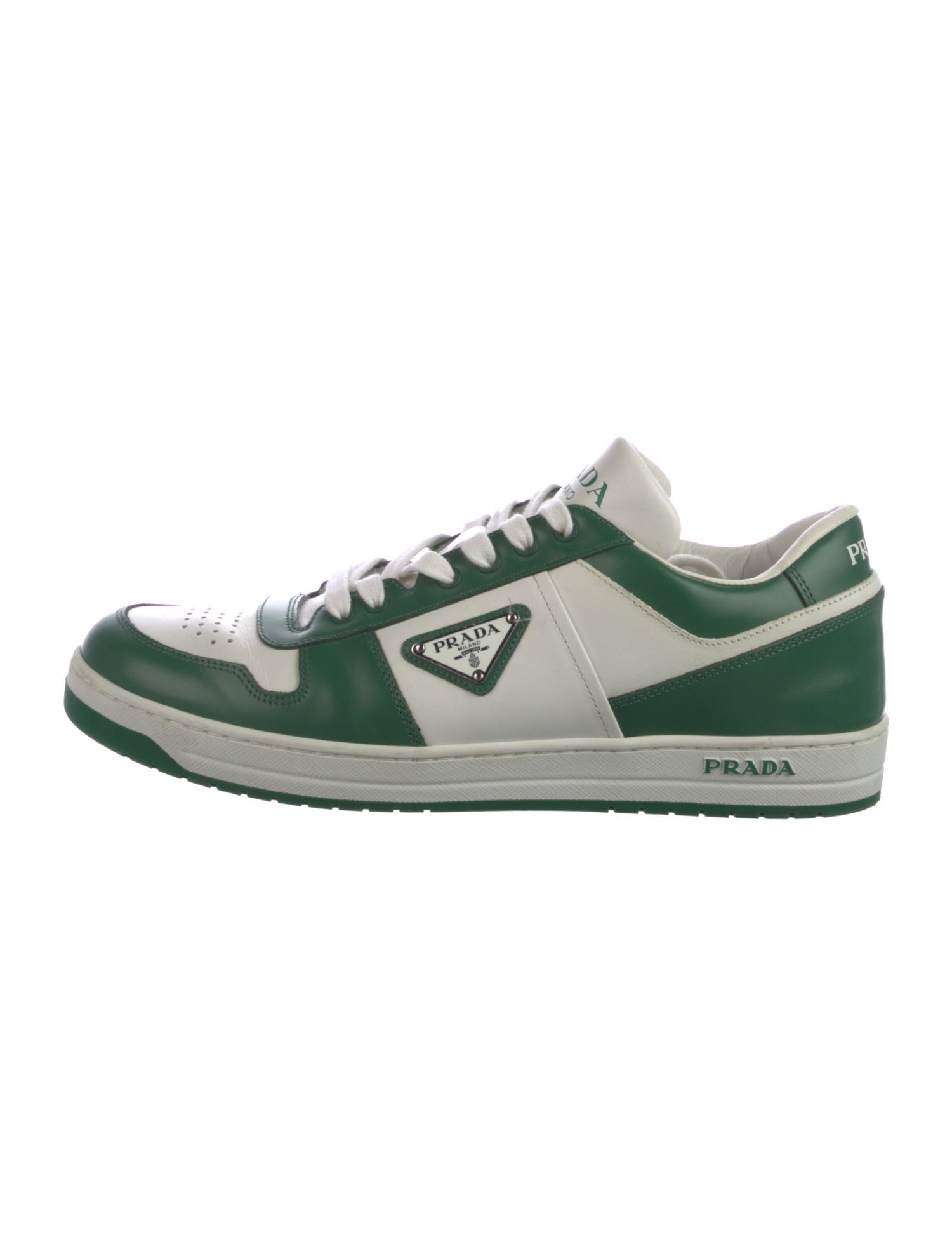Prada Enameled Metal Triangle Leather Sneakers