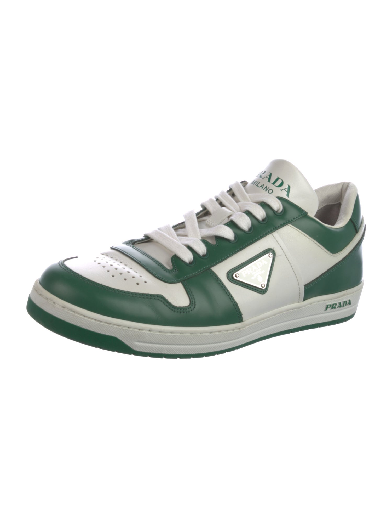 Prada Enameled Metal Triangle Leather Sneakers