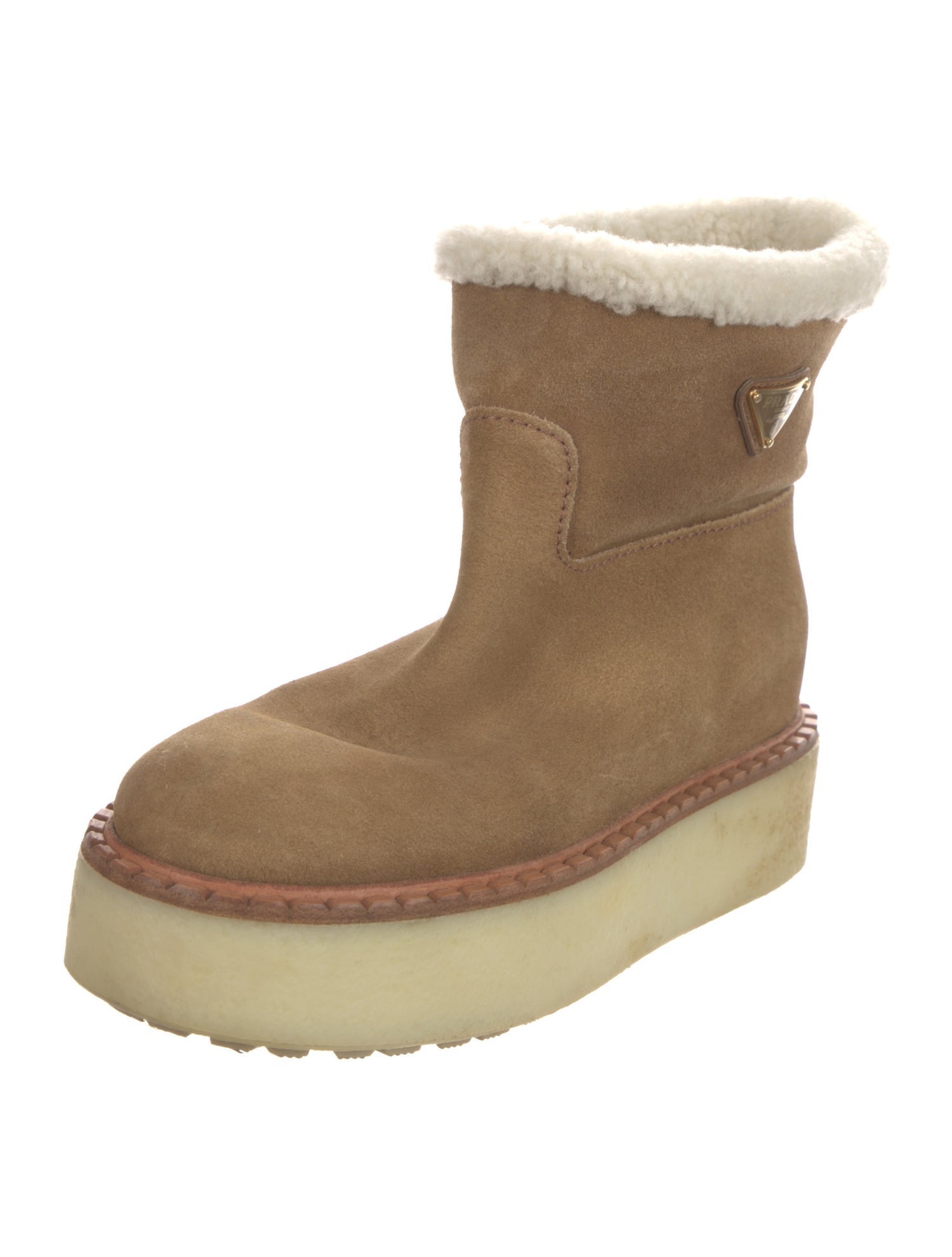 Prada Enameled Metal Triangle Suede Boots