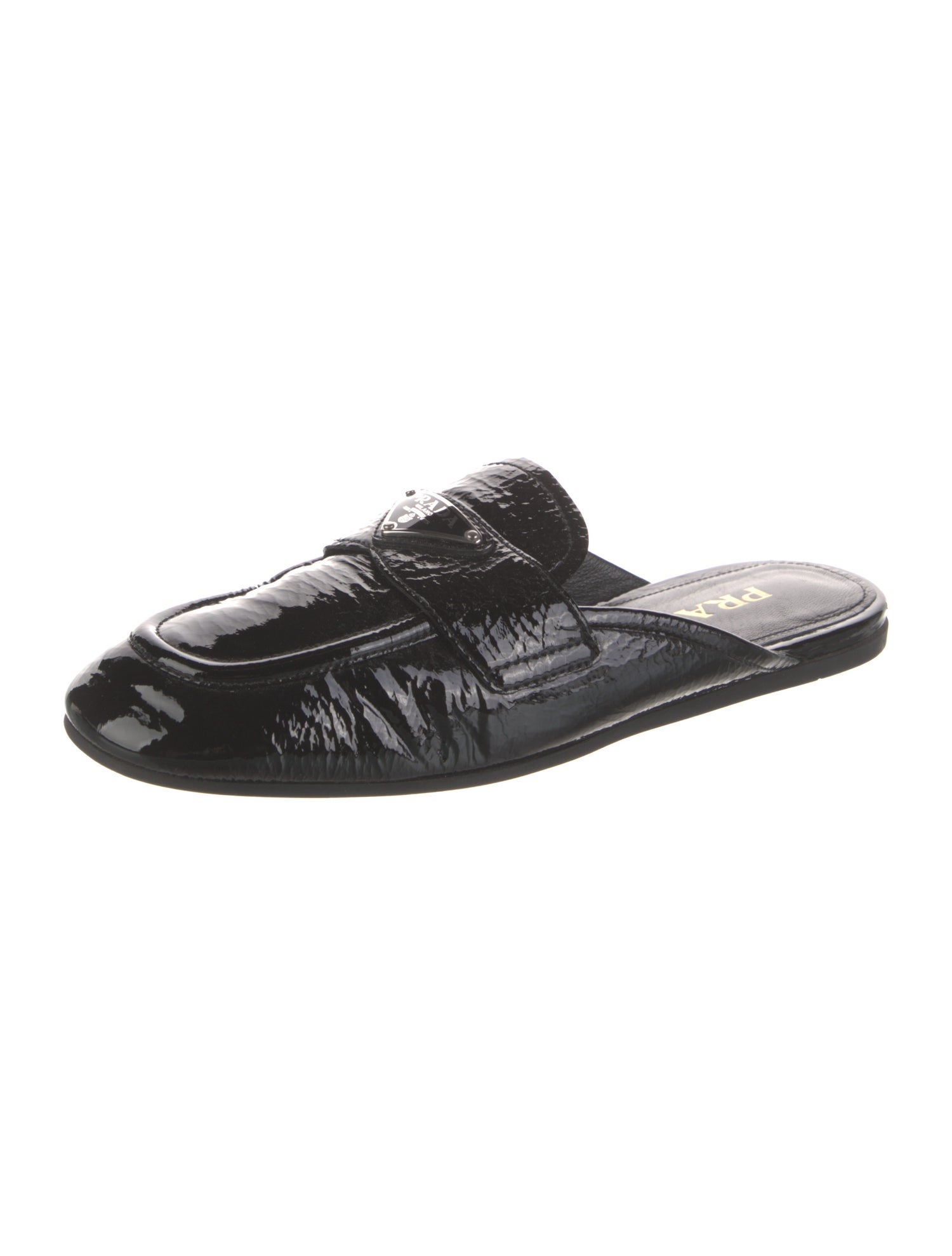 Prada Enameled Metal Triangle Patent Leather Mules