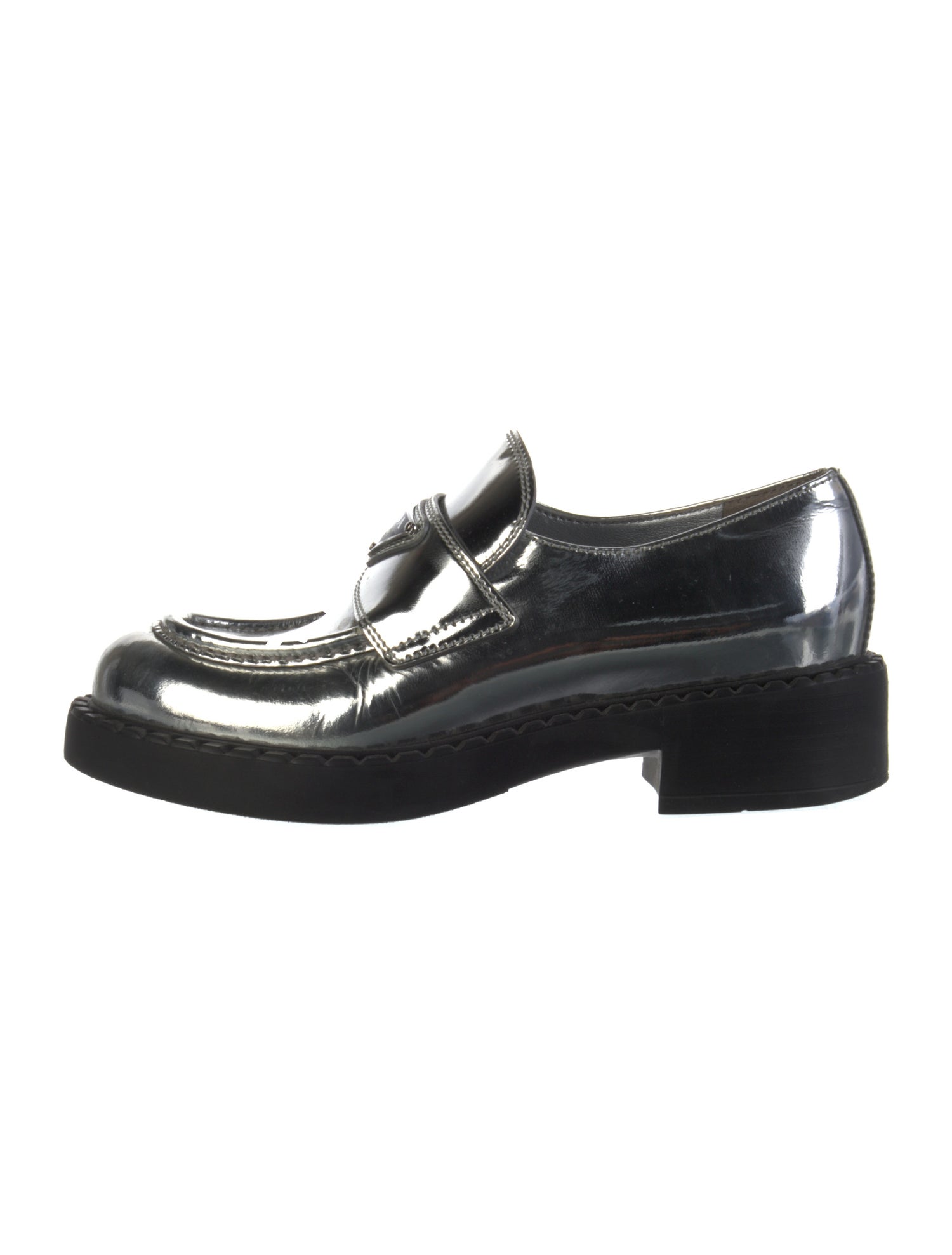 Prada Enameled Metal Triangle Patent Leather Oxfords