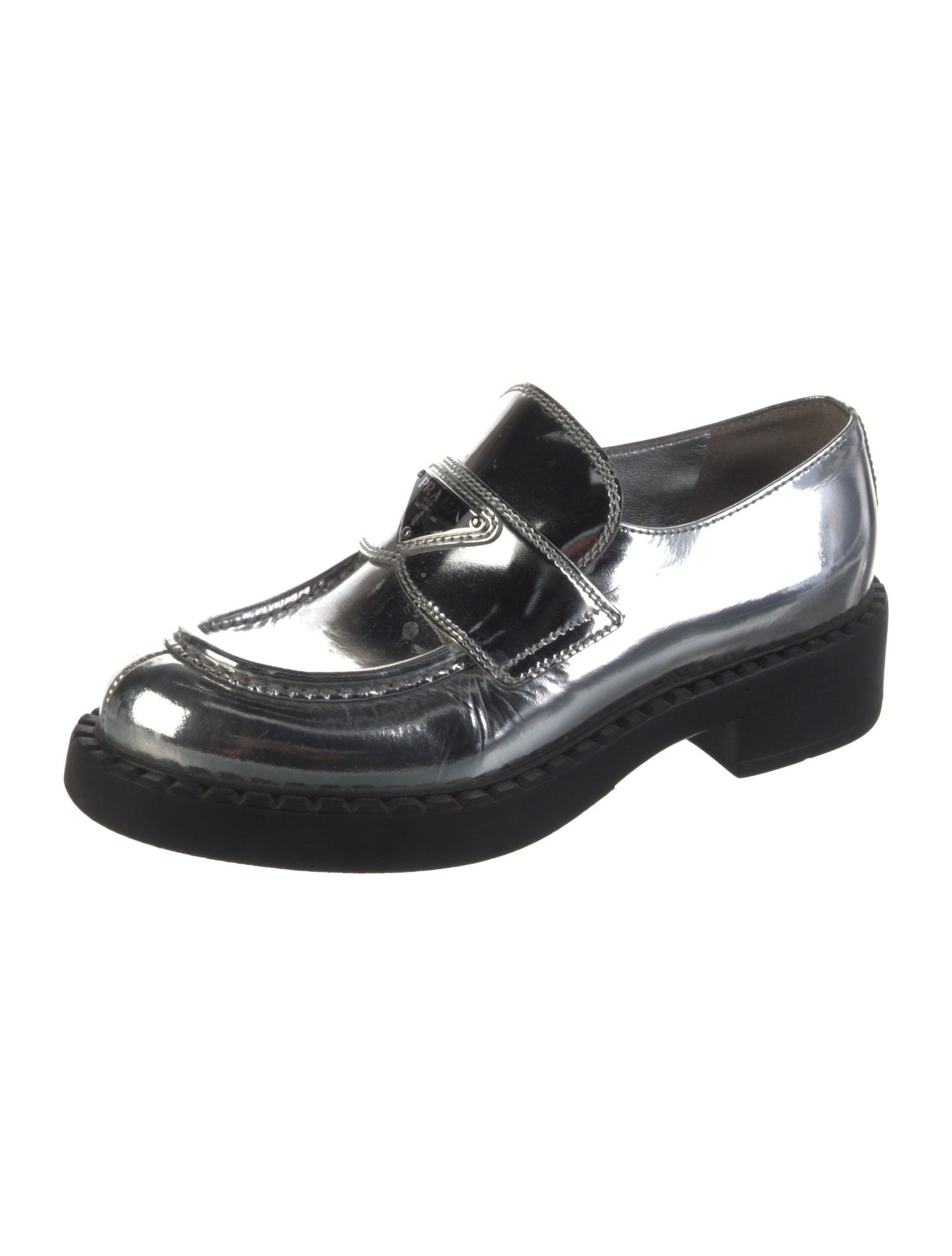 Prada Enameled Metal Triangle Patent Leather Oxfords