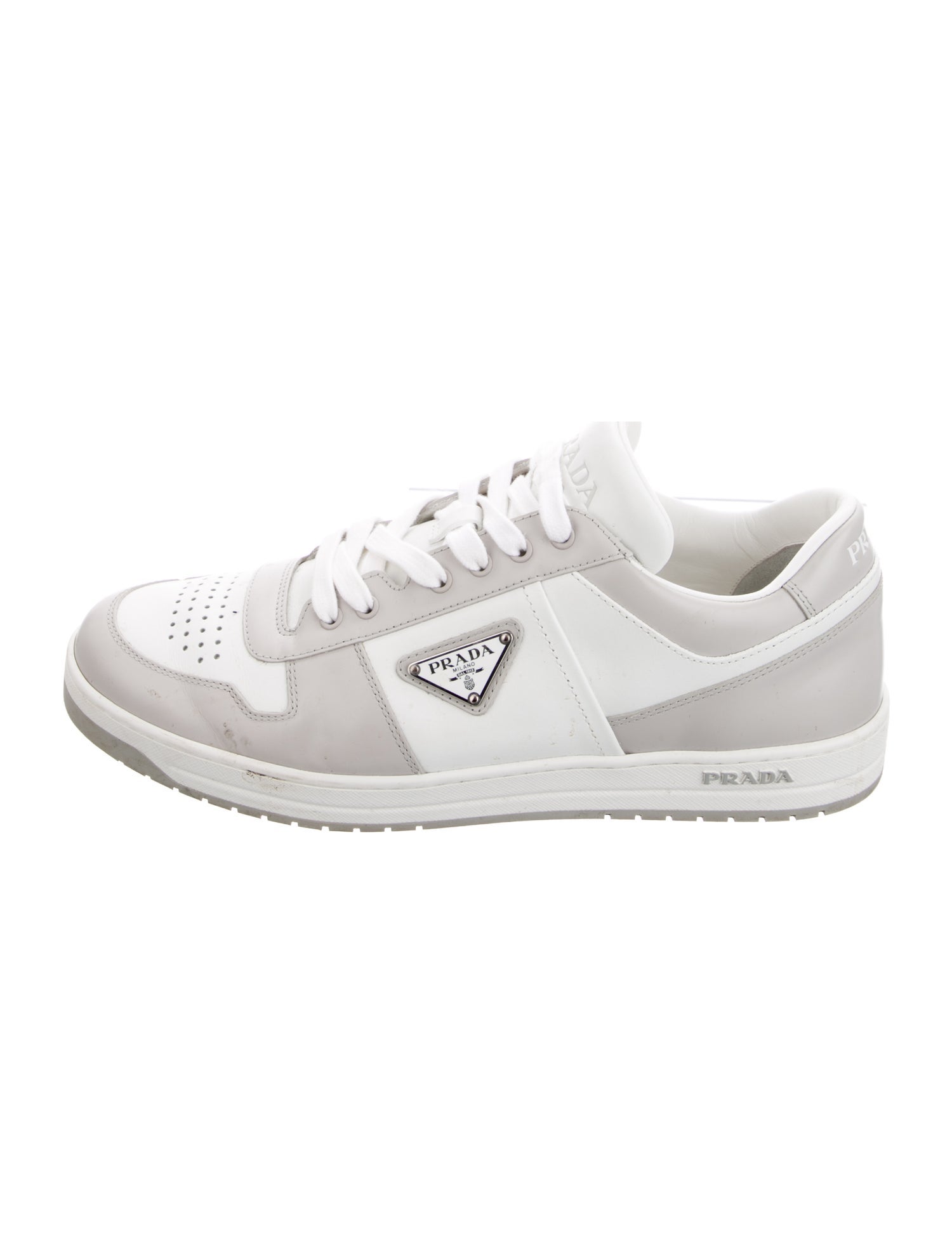 Prada Enameled Metal Triangle Leather Sneakers