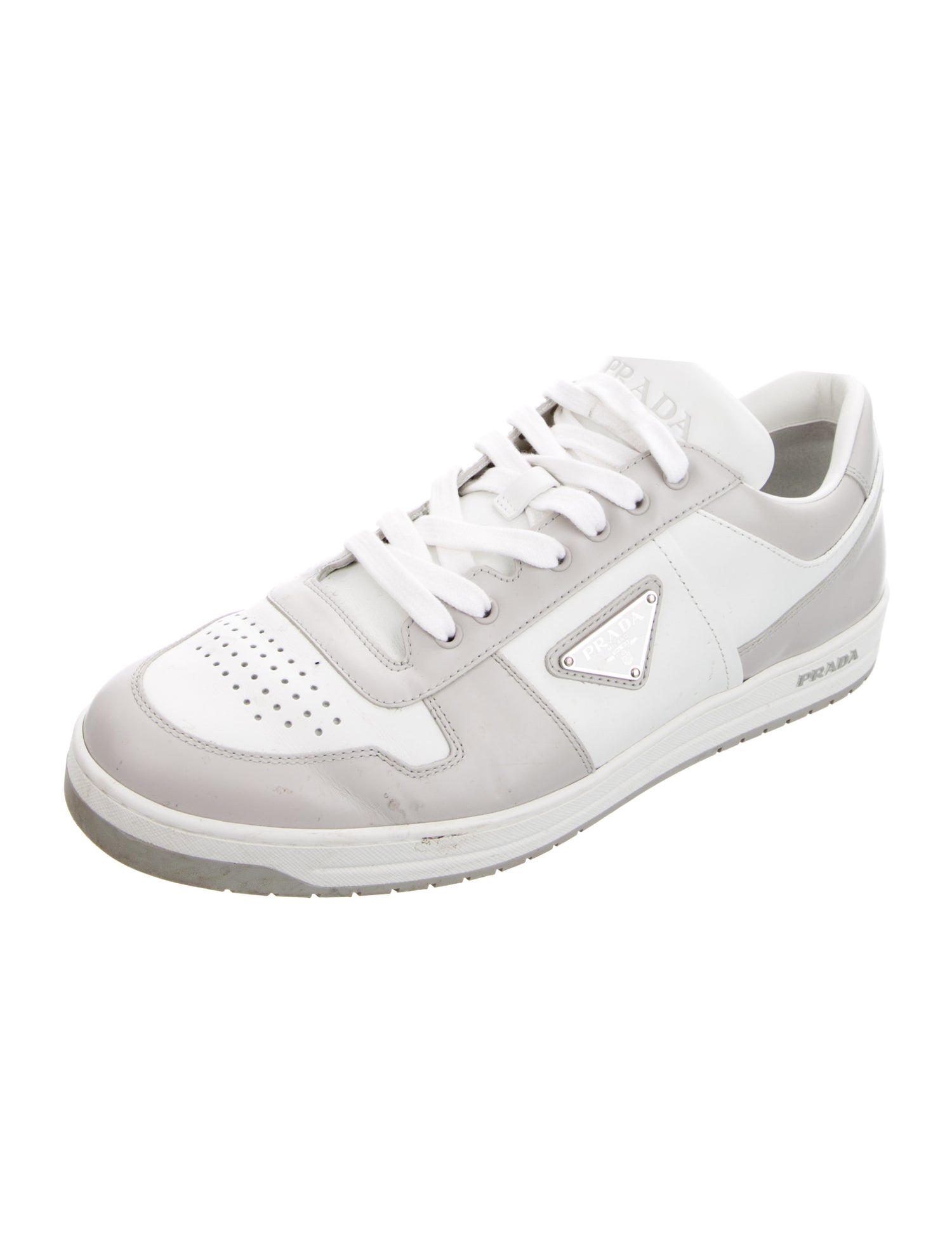 Prada Enameled Metal Triangle Leather Sneakers