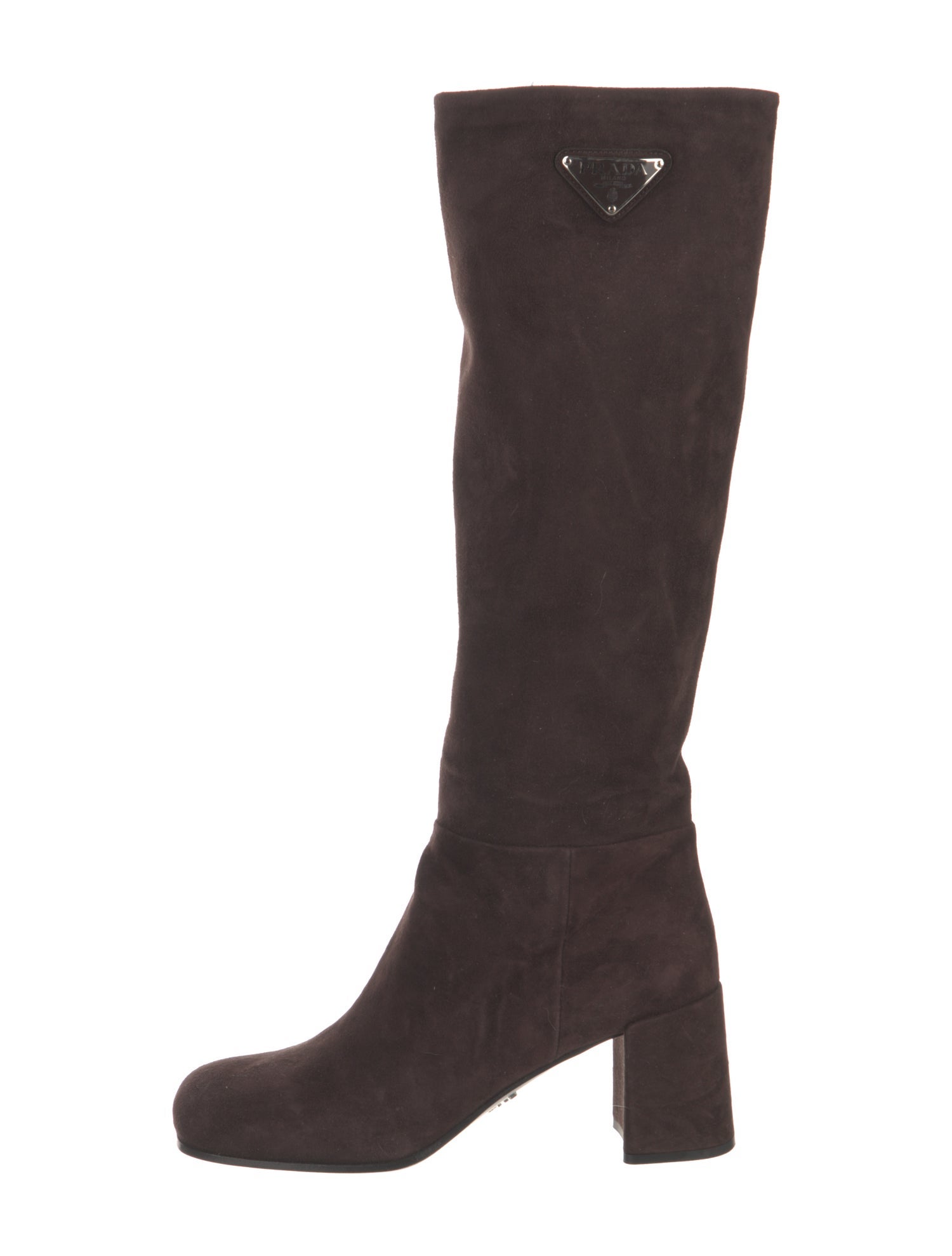 Prada Enameled Metal Triangle Suede Boots