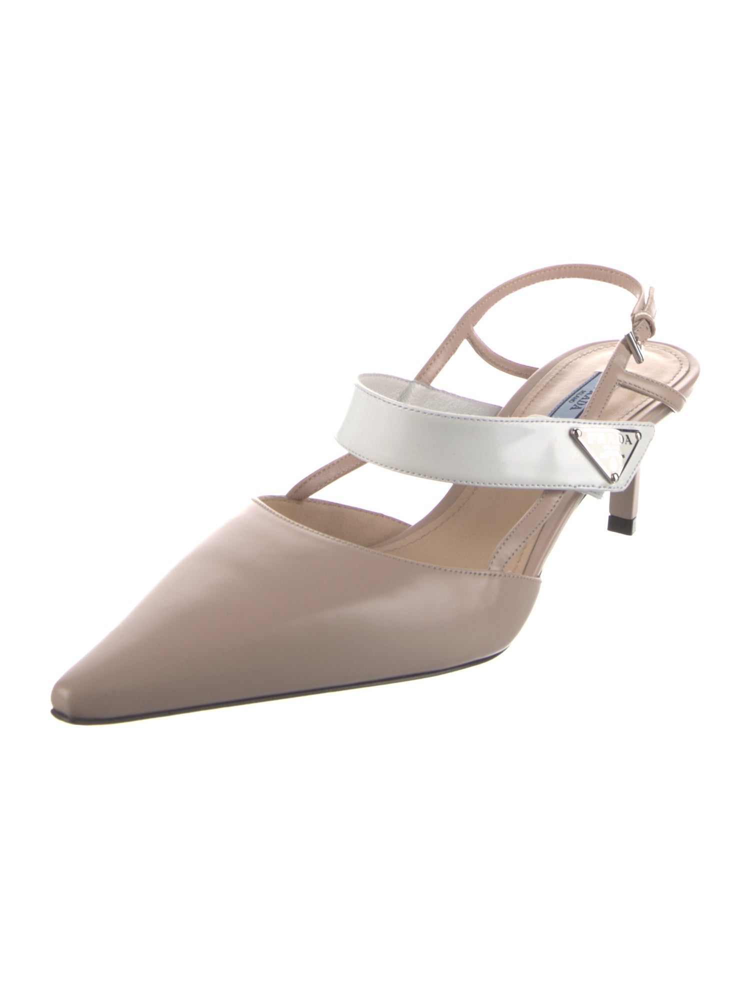 Prada Enameled Metal Triangle Leather Slingback Pumps
