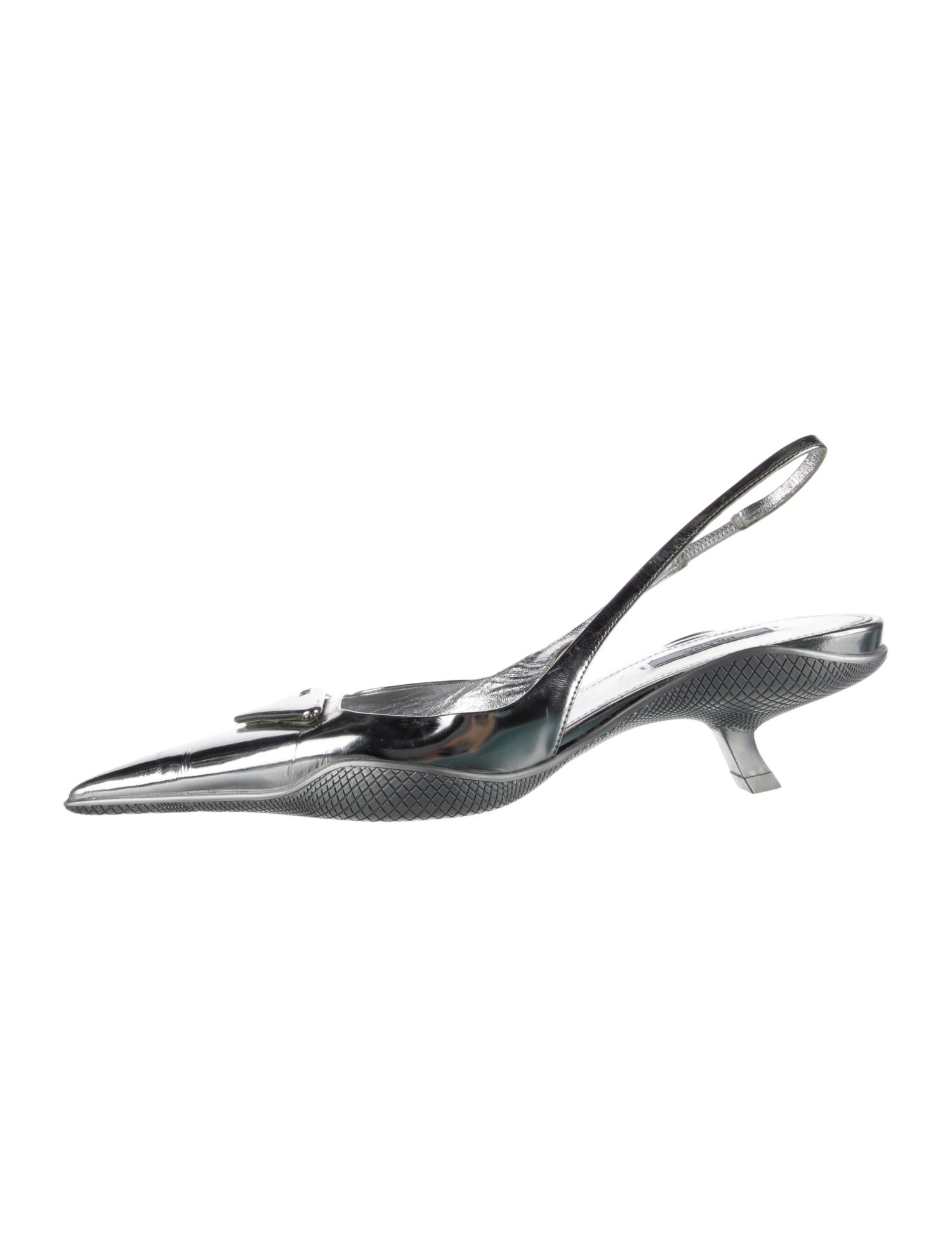 Prada Enameled Metal Triangle Patent Leather Slingback Flats