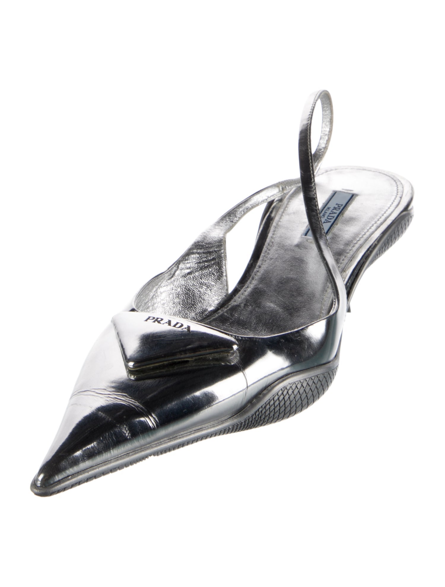Prada Enameled Metal Triangle Patent Leather Slingback Flats