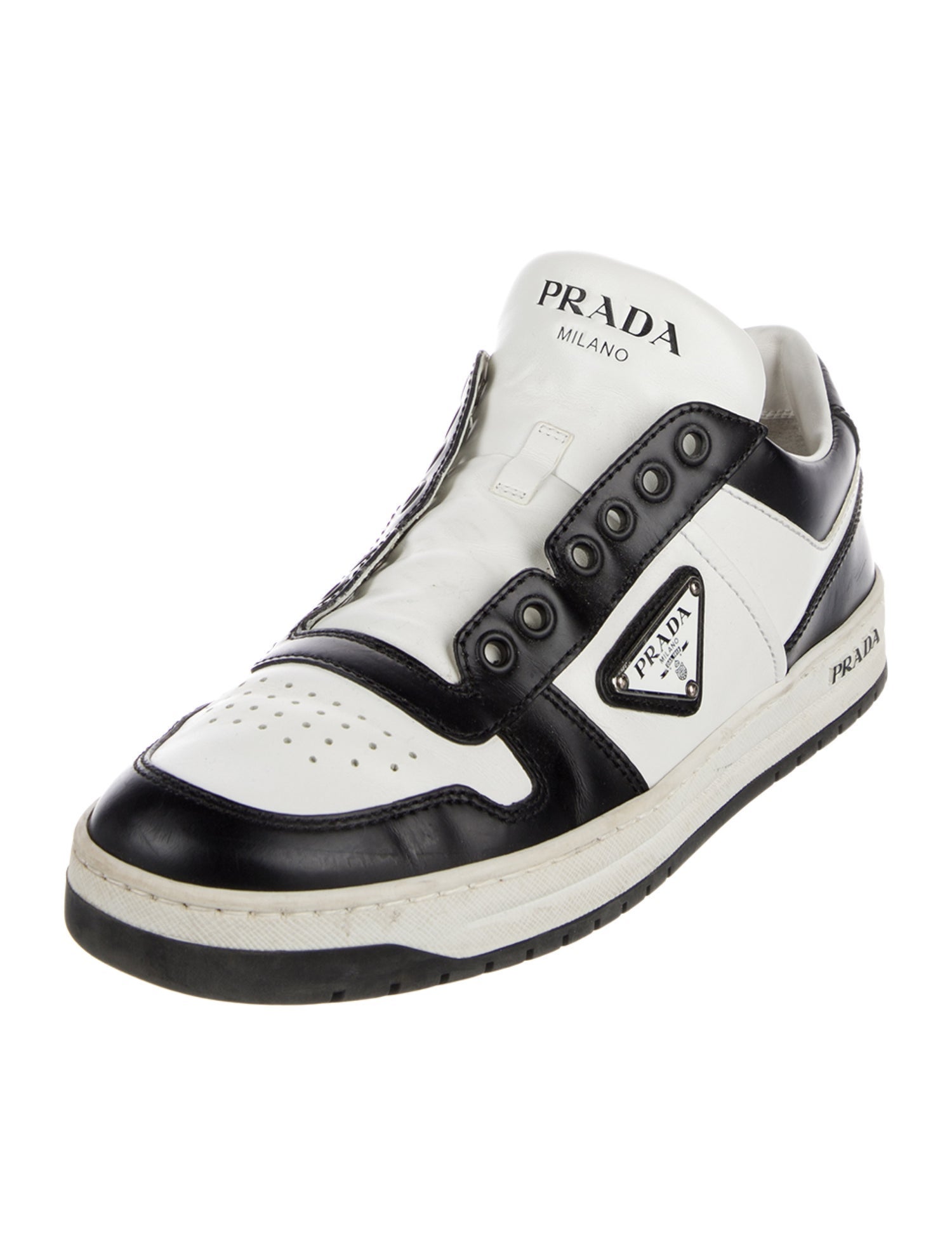 Prada Enameled Metal Triangle Leather Sneakers