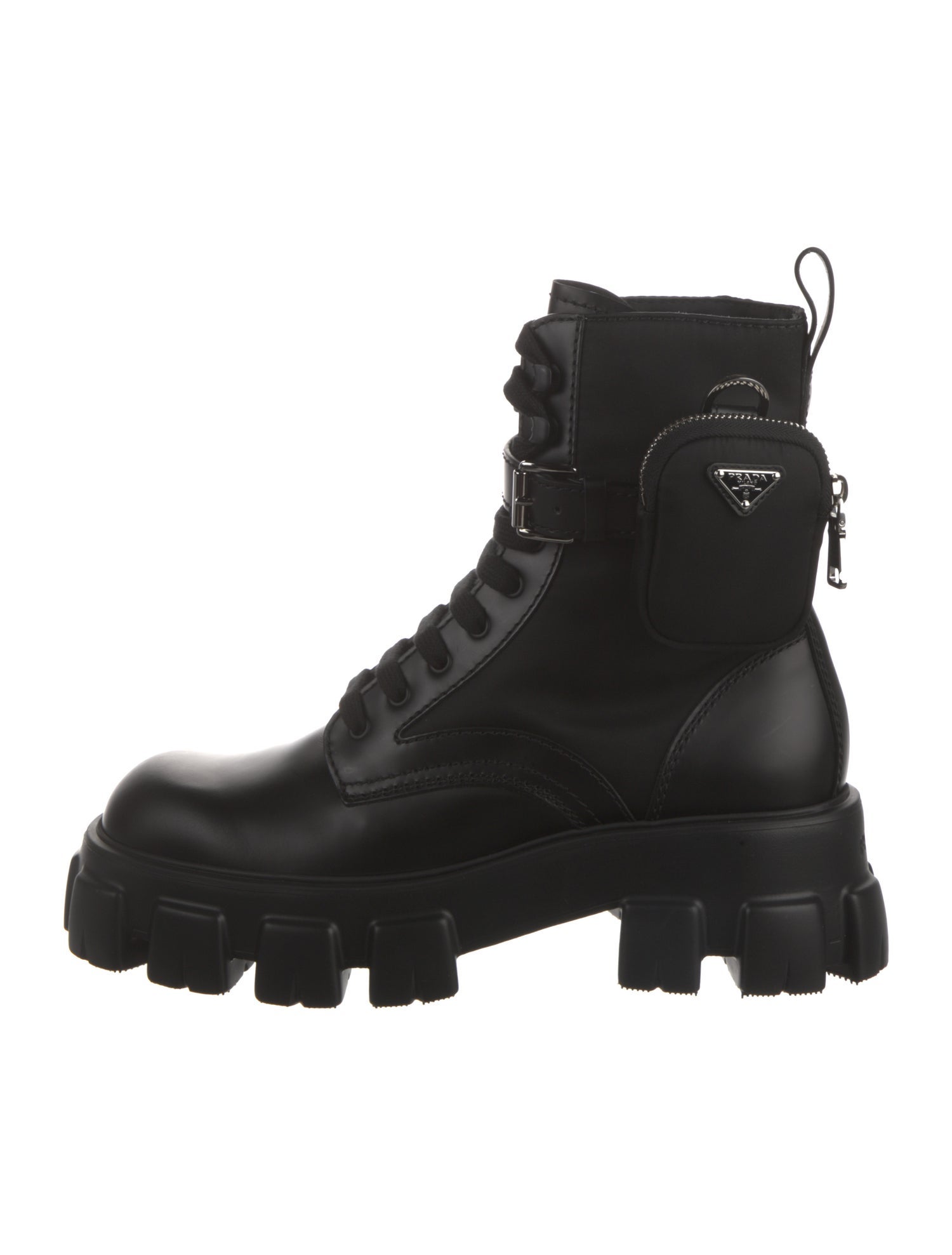 Prada Enameled Metal Triangle Leather Combat Boots