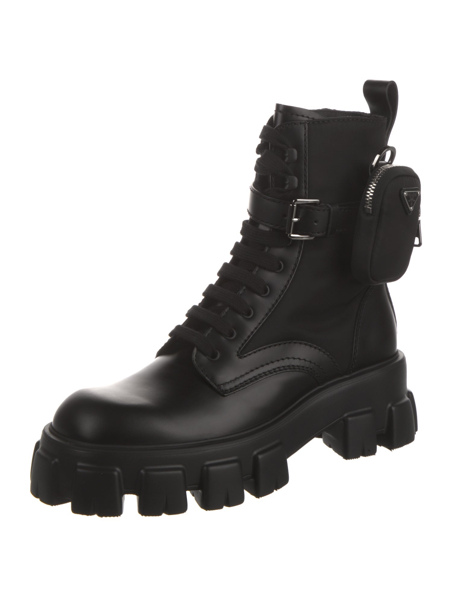 Prada Enameled Metal Triangle Leather Combat Boots