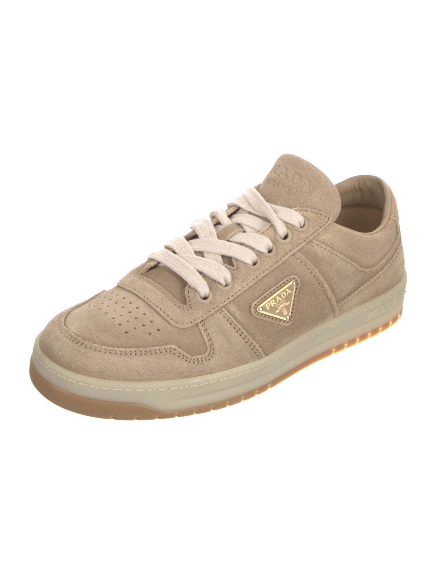 Prada Enameled Metal Triangle Suede Sneakers