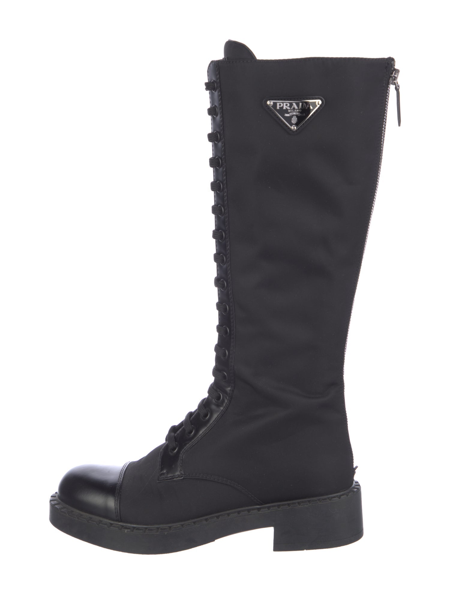Prada Enameled Metal Triangle Nylon Combat Boots