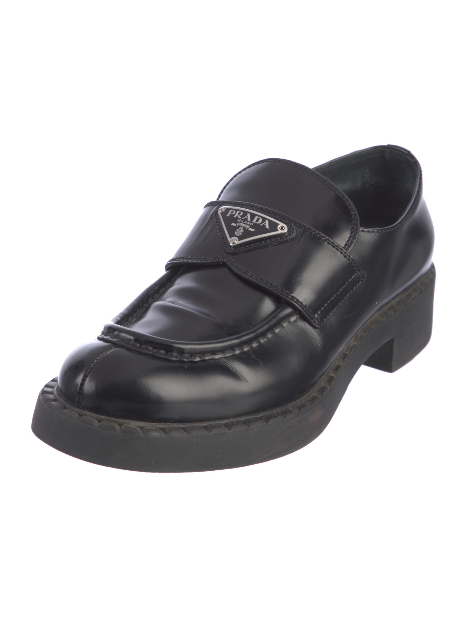 Prada Enameled Metal Triangle Leather Oxfords