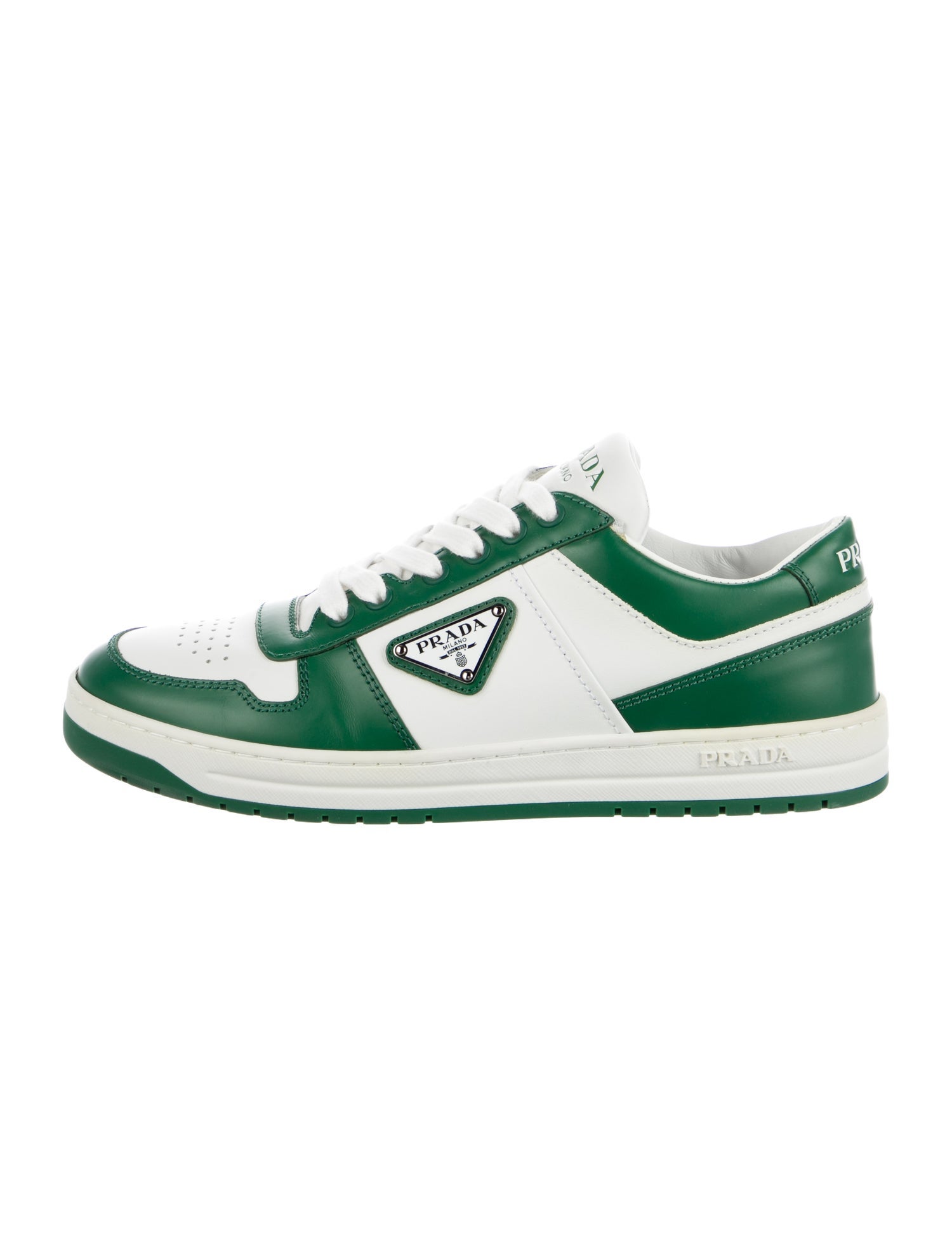 Prada Enameled Metal Triangle Leather Sneakers