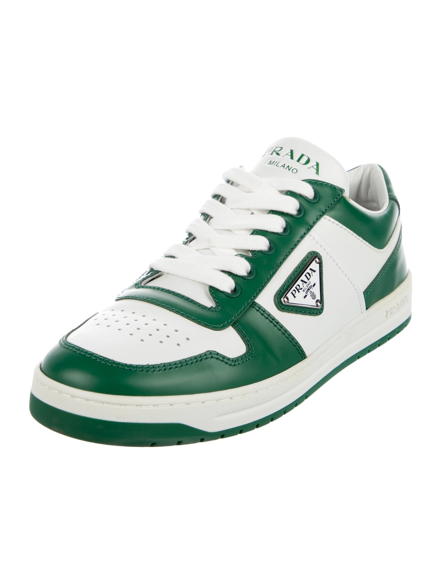 Prada Enameled Metal Triangle Leather Sneakers