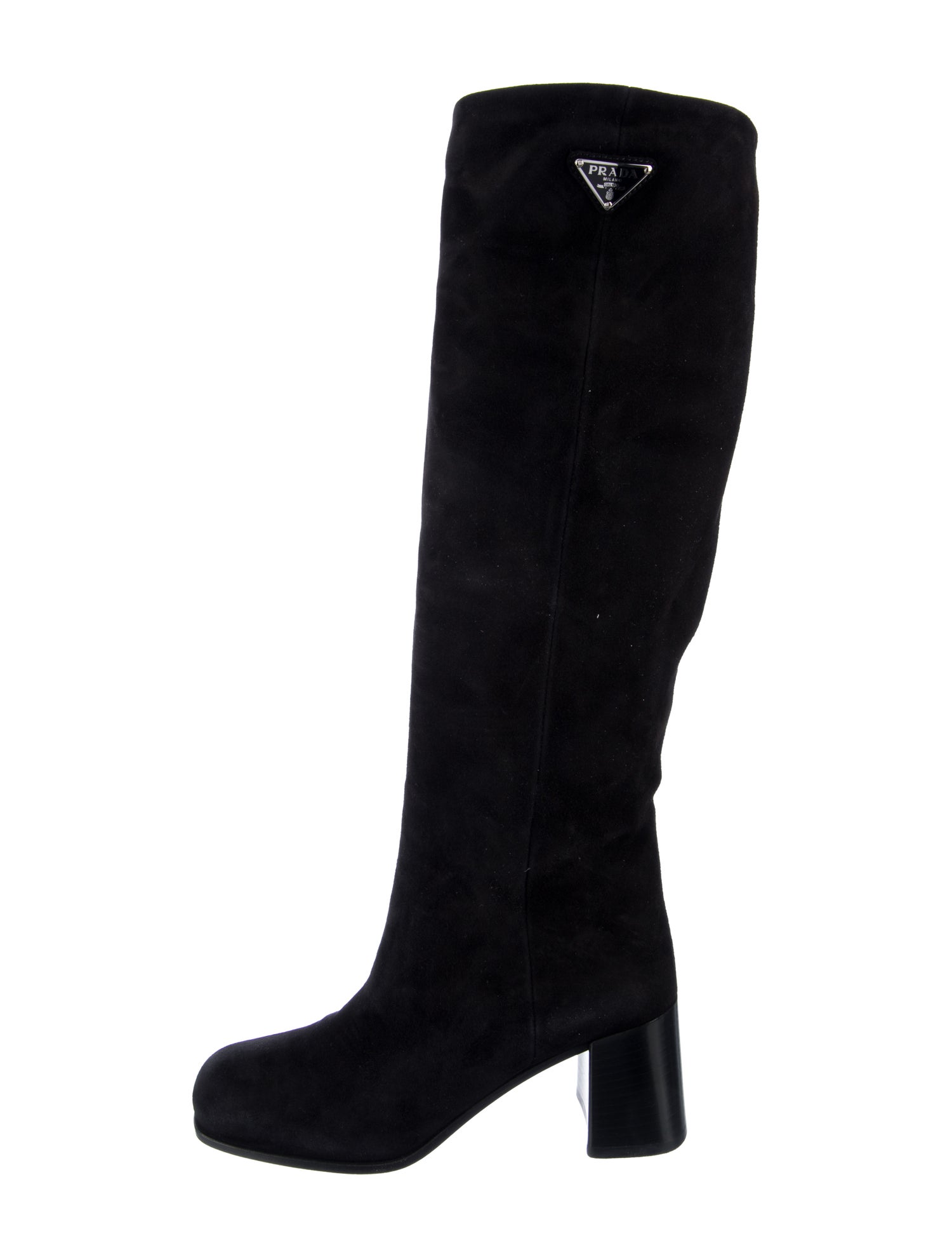 Prada Enameled Metal Triangle Suede Boots