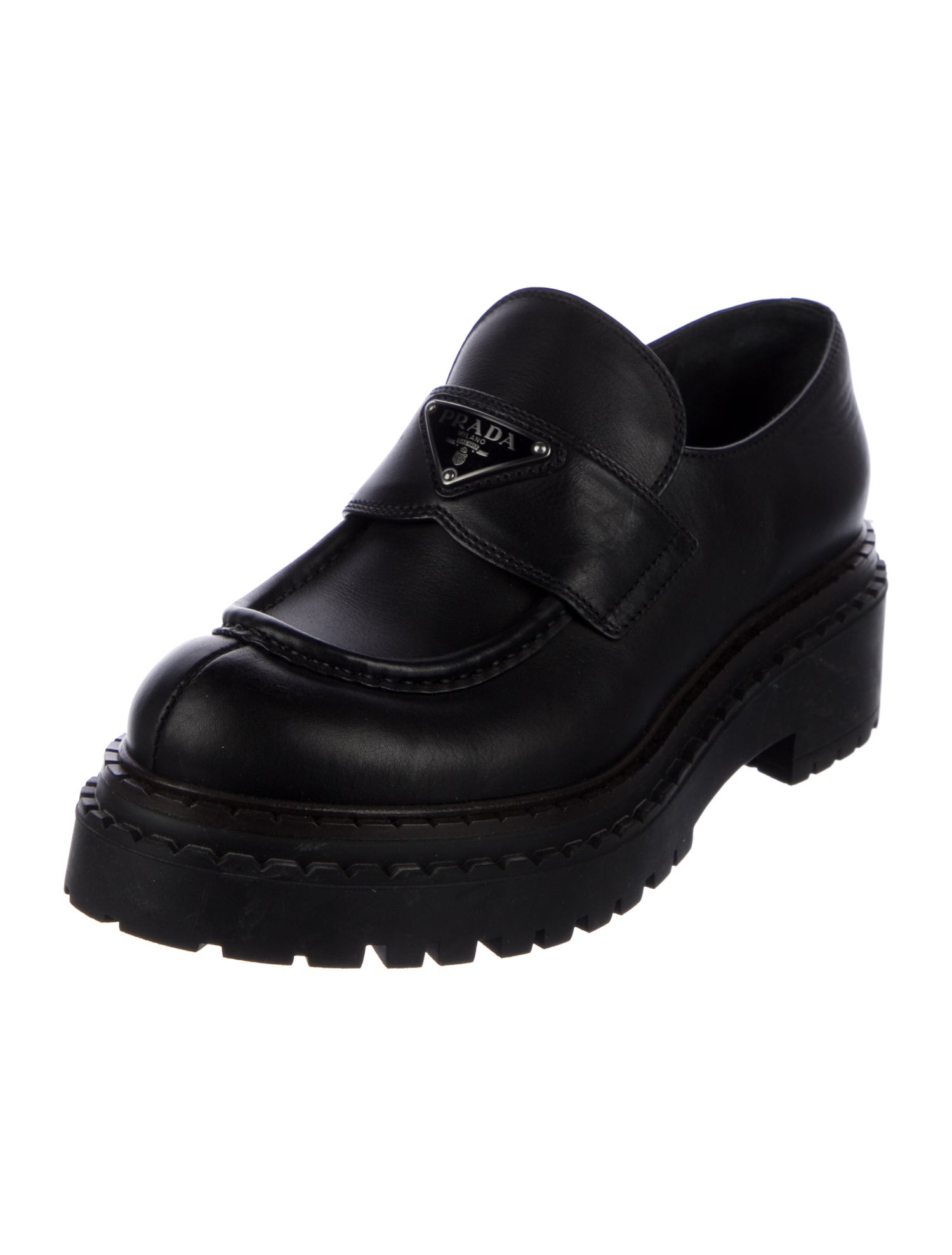 Prada Enameled Metal Triangle Leather Oxfords