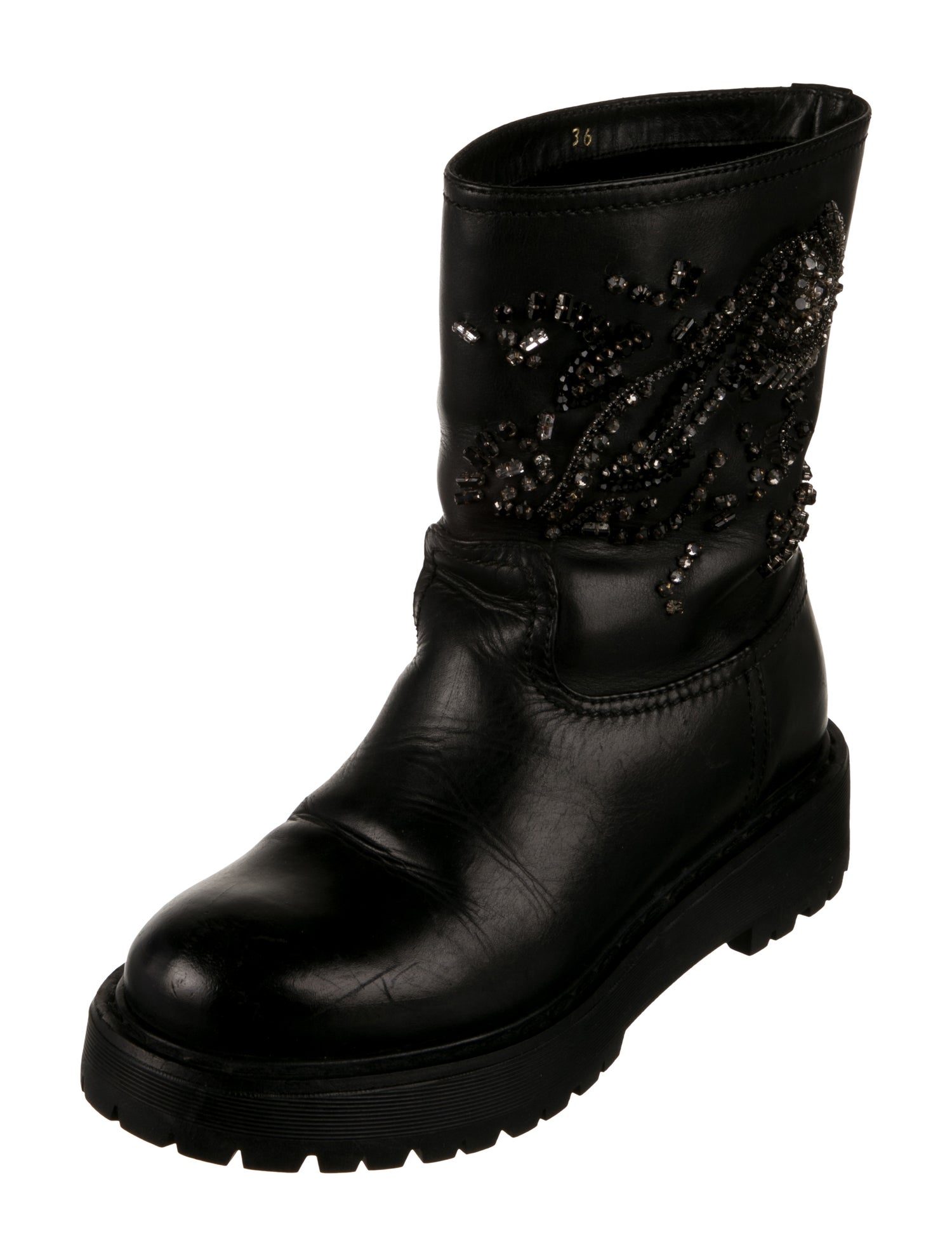 Prada Leather Crystal Embellishments Rain Boots