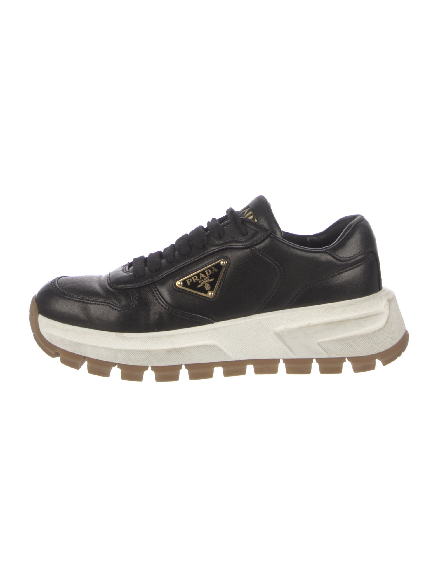 Prada Enameled Metal Triangle Leather Sneakers