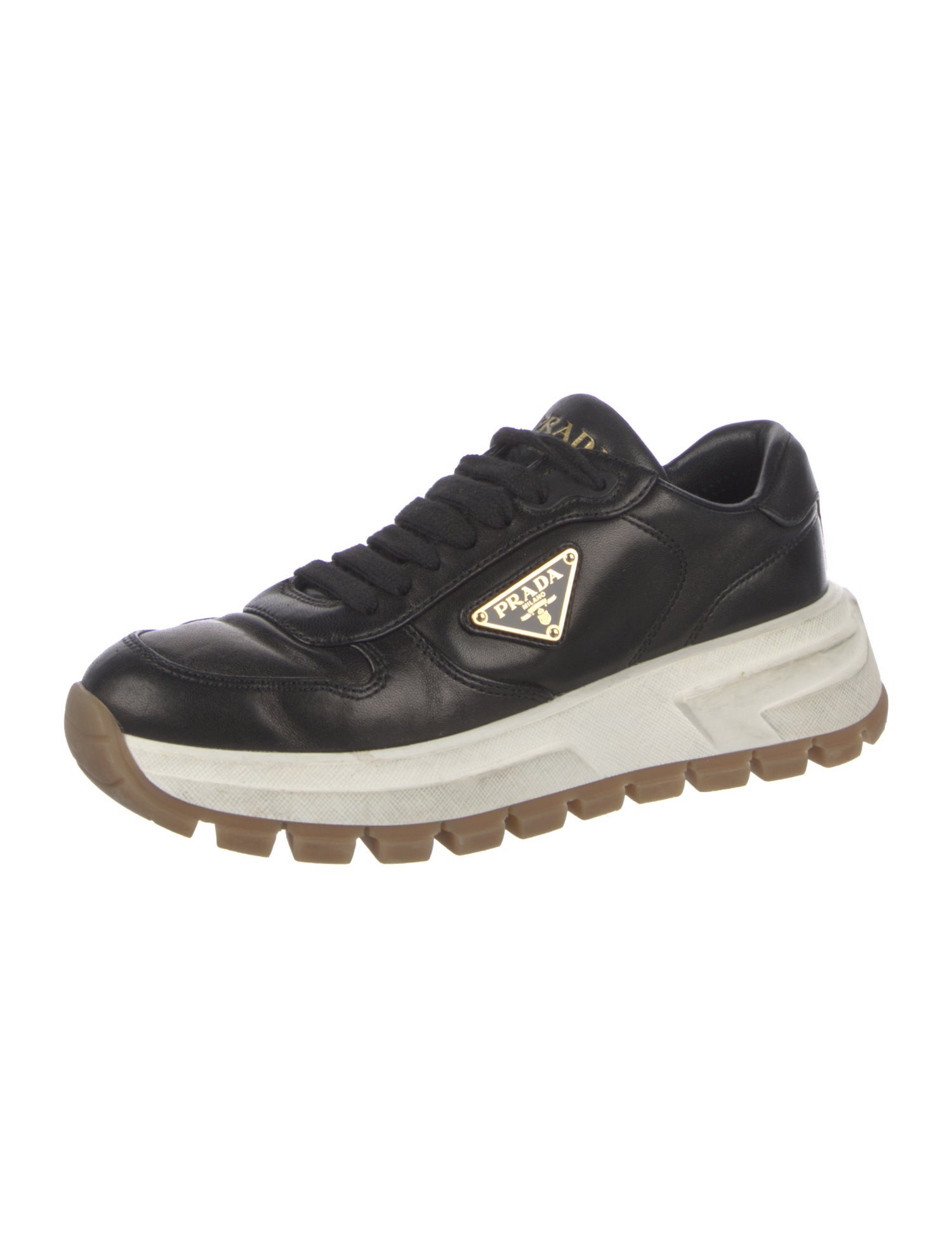 Prada Enameled Metal Triangle Leather Sneakers