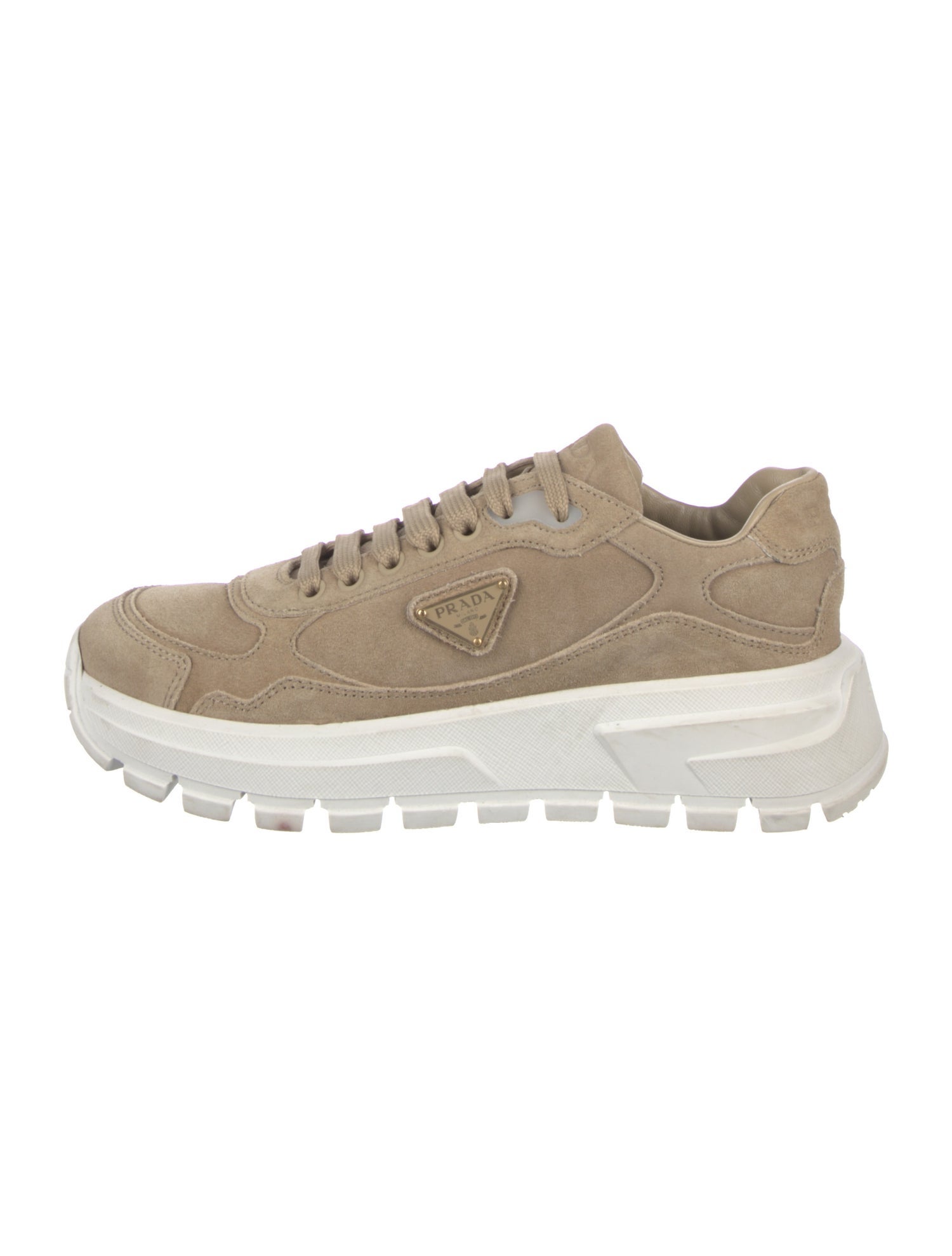 Prada Enameled Metal Triangle Suede Sneakers