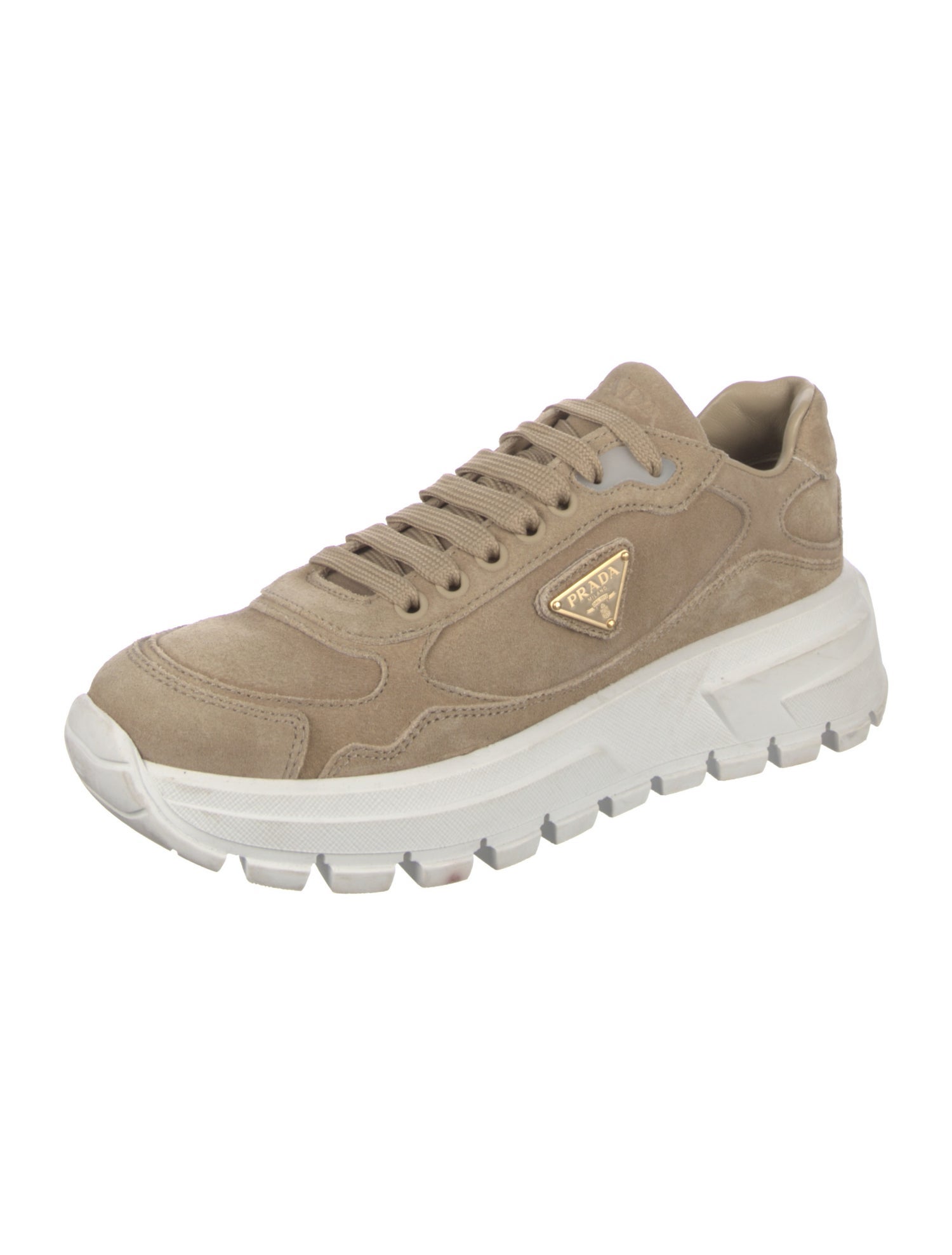 Prada Enameled Metal Triangle Suede Sneakers