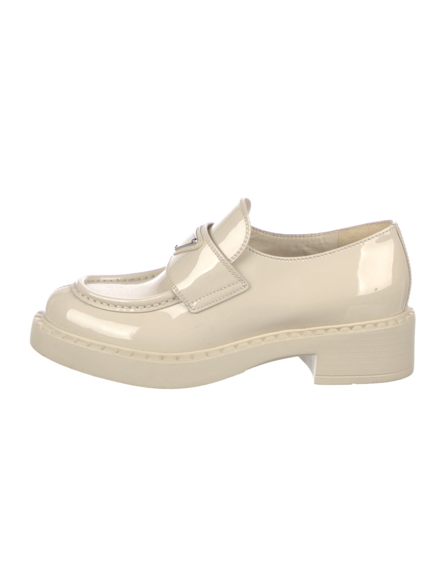 Prada Enameled Metal Triangle Patent Leather Loafers