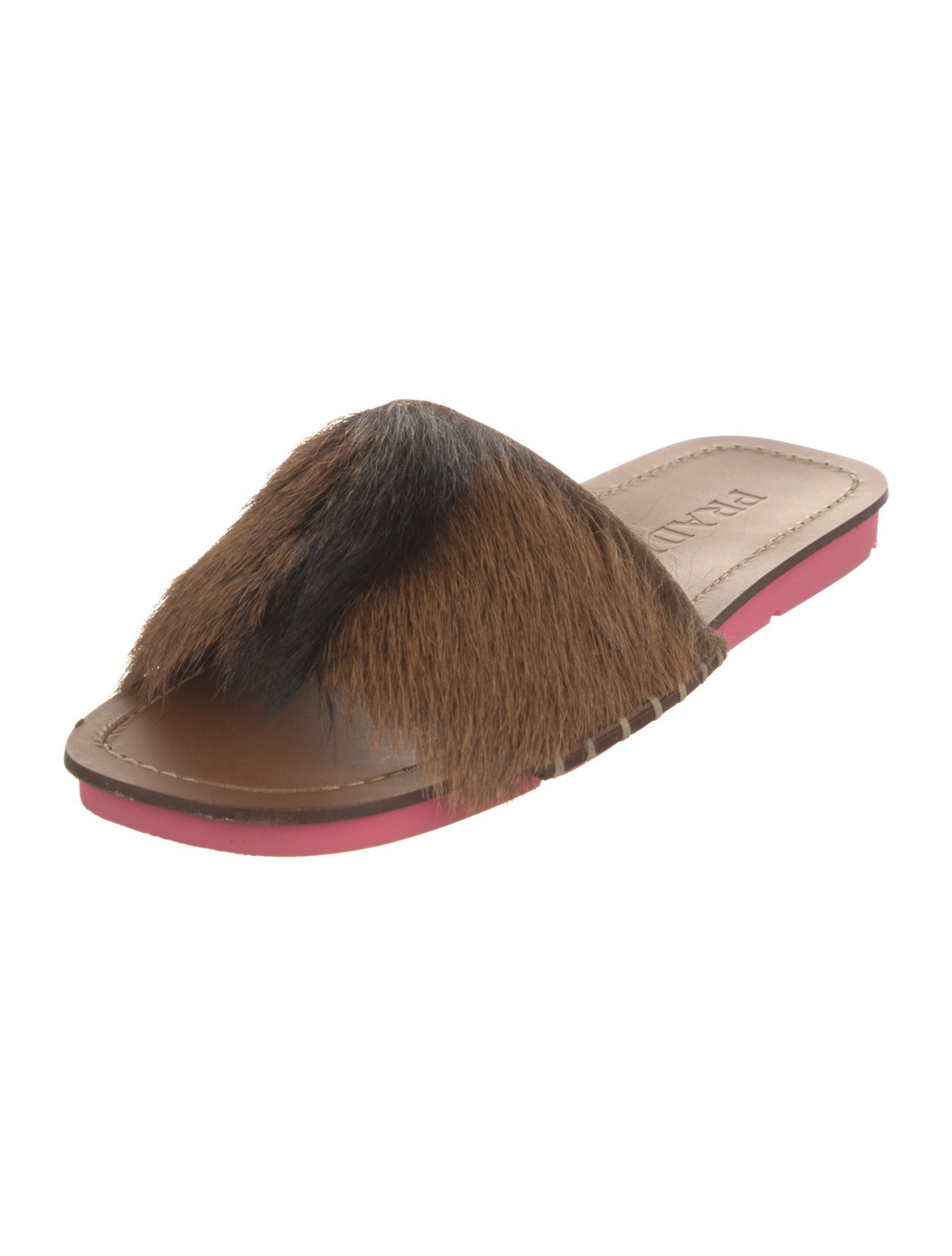 Prada Ponyhair Leather Trim Embellishment Slides