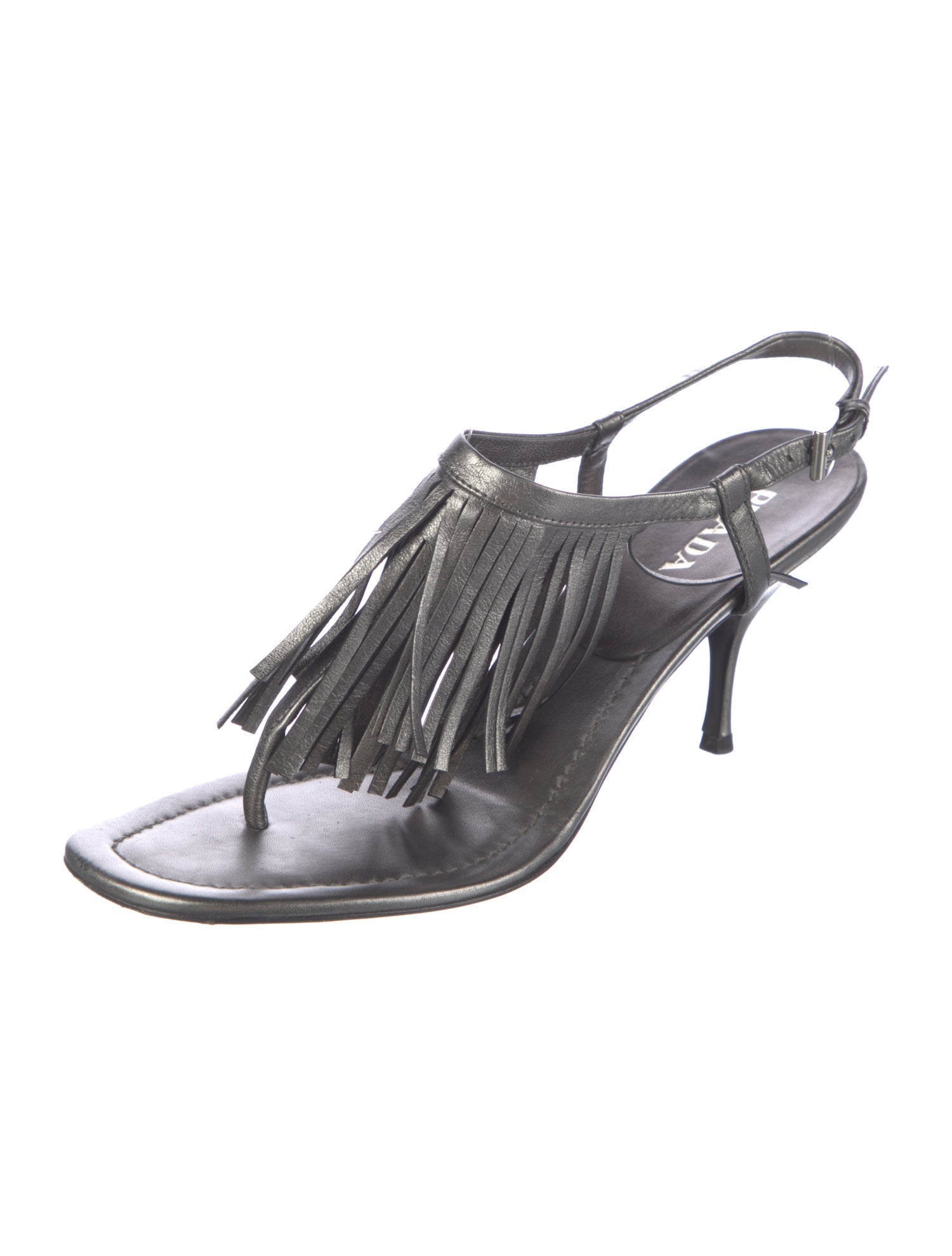 Prada Leather Fringe Trim Accent T-Strap Sandals