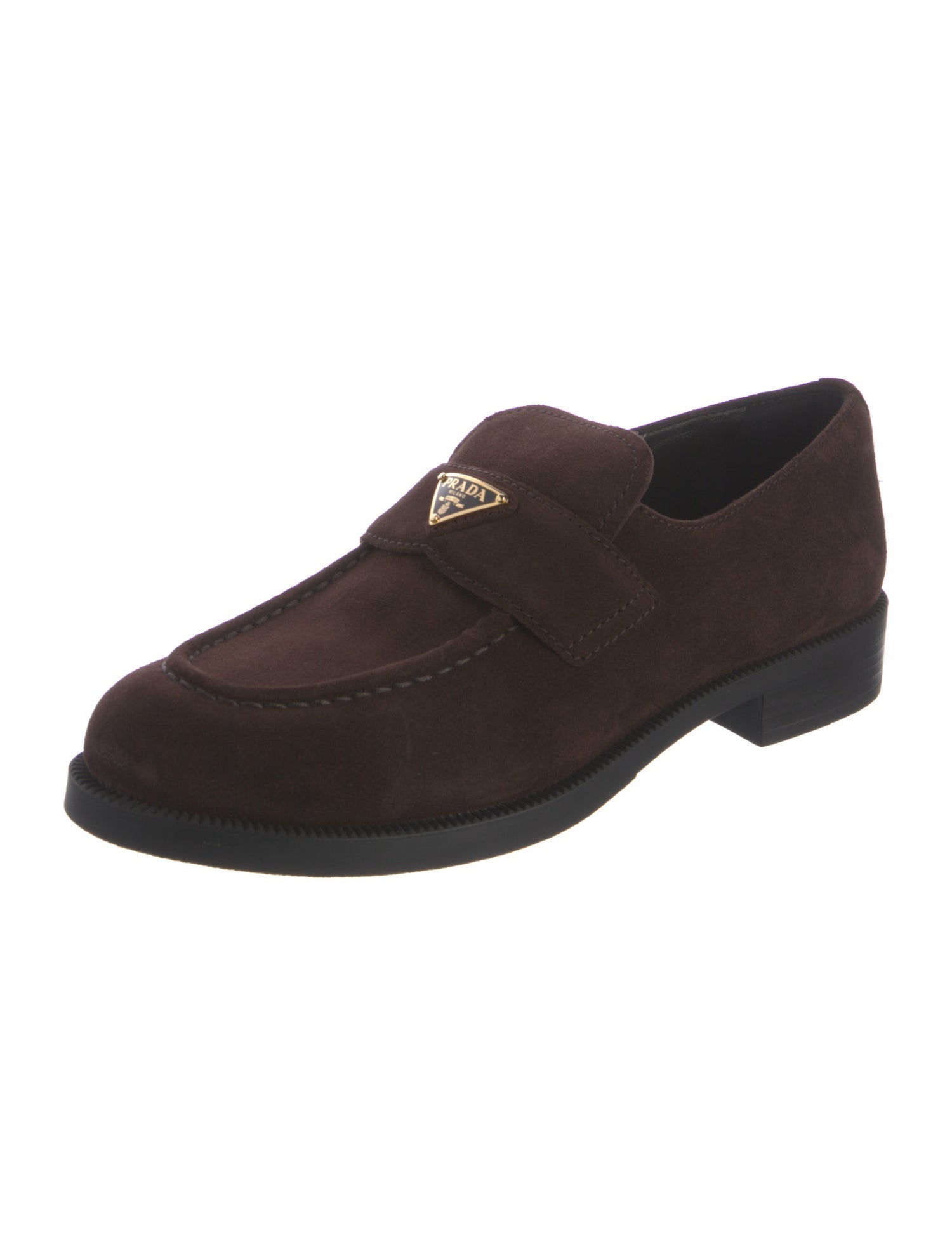 Prada Enameled Metal Triangle Suede Loafers