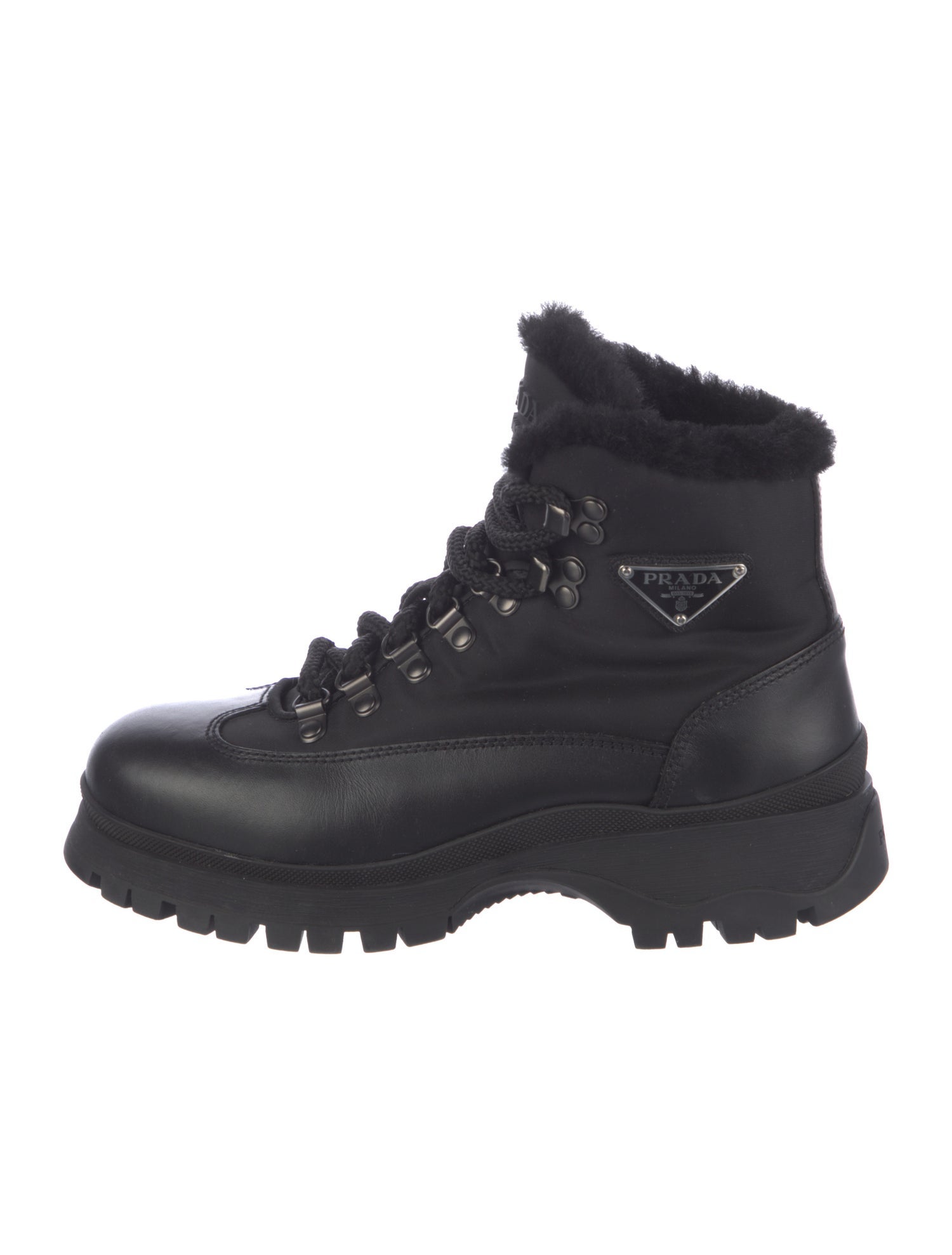 Prada Enameled Metal Triangle Leather Combat Boots