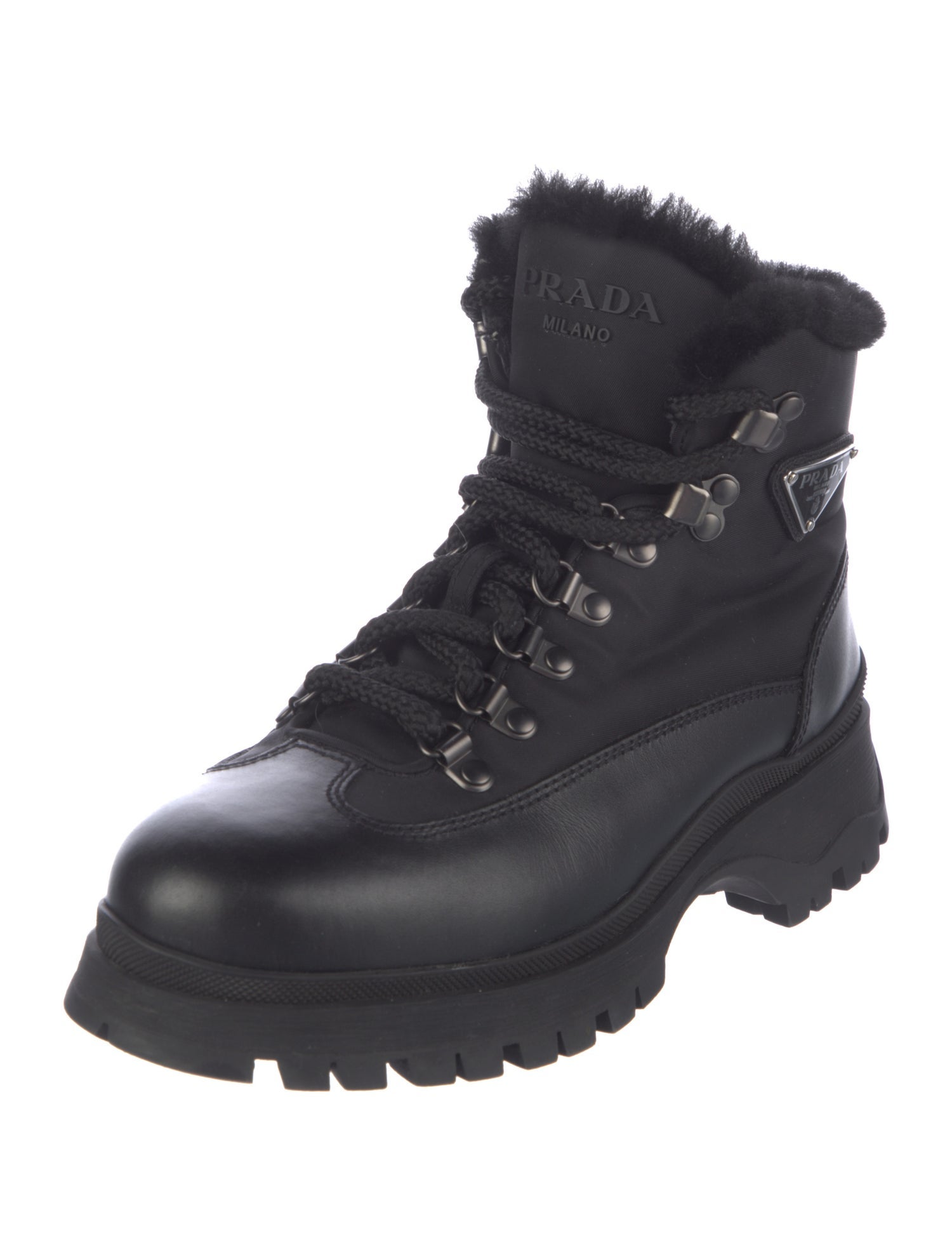 Prada Enameled Metal Triangle Leather Combat Boots