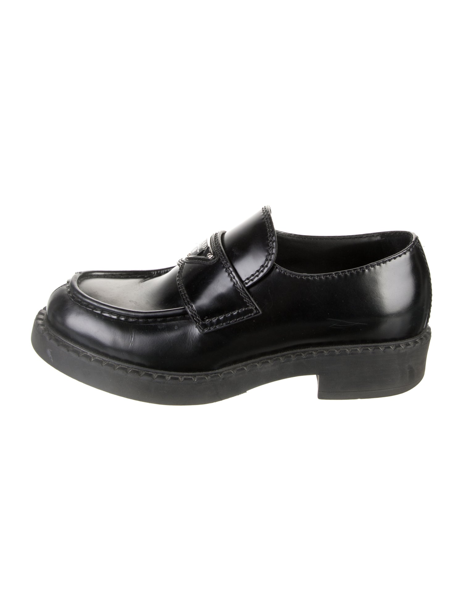 Prada Enameled Metal Triangle Patent Leather Dress Loafers
