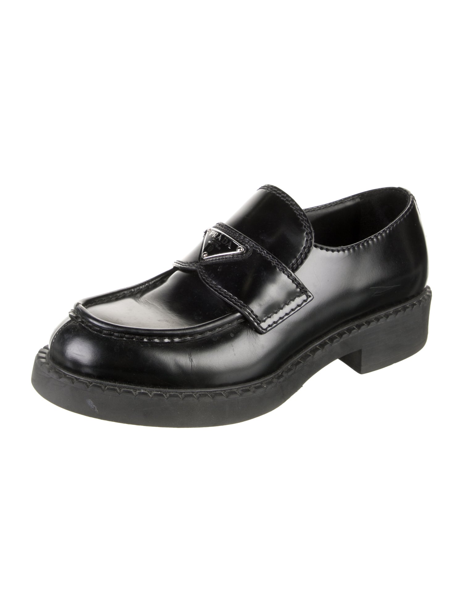 Prada Enameled Metal Triangle Patent Leather Dress Loafers