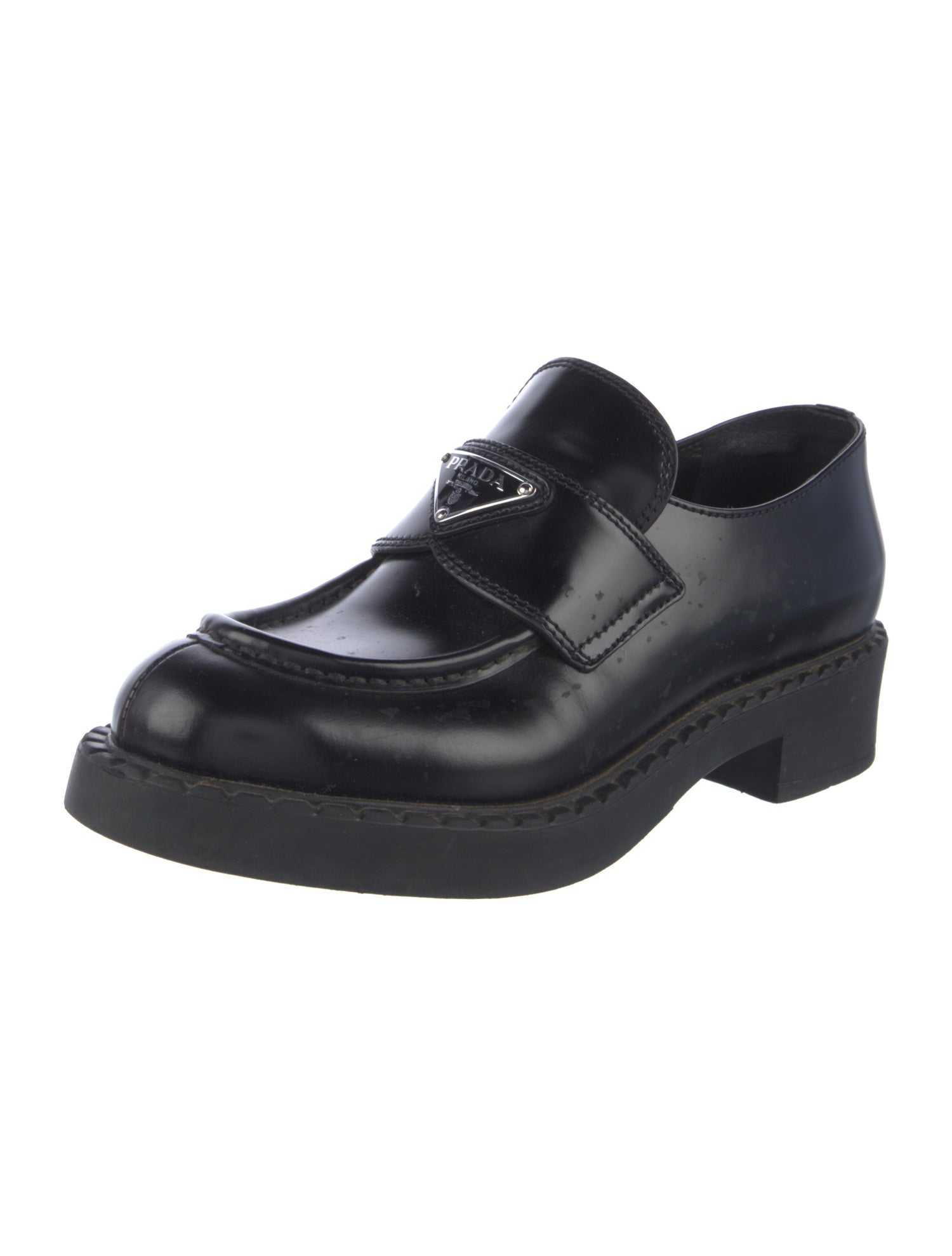 Prada Enameled Metal Triangle Leather Oxfords