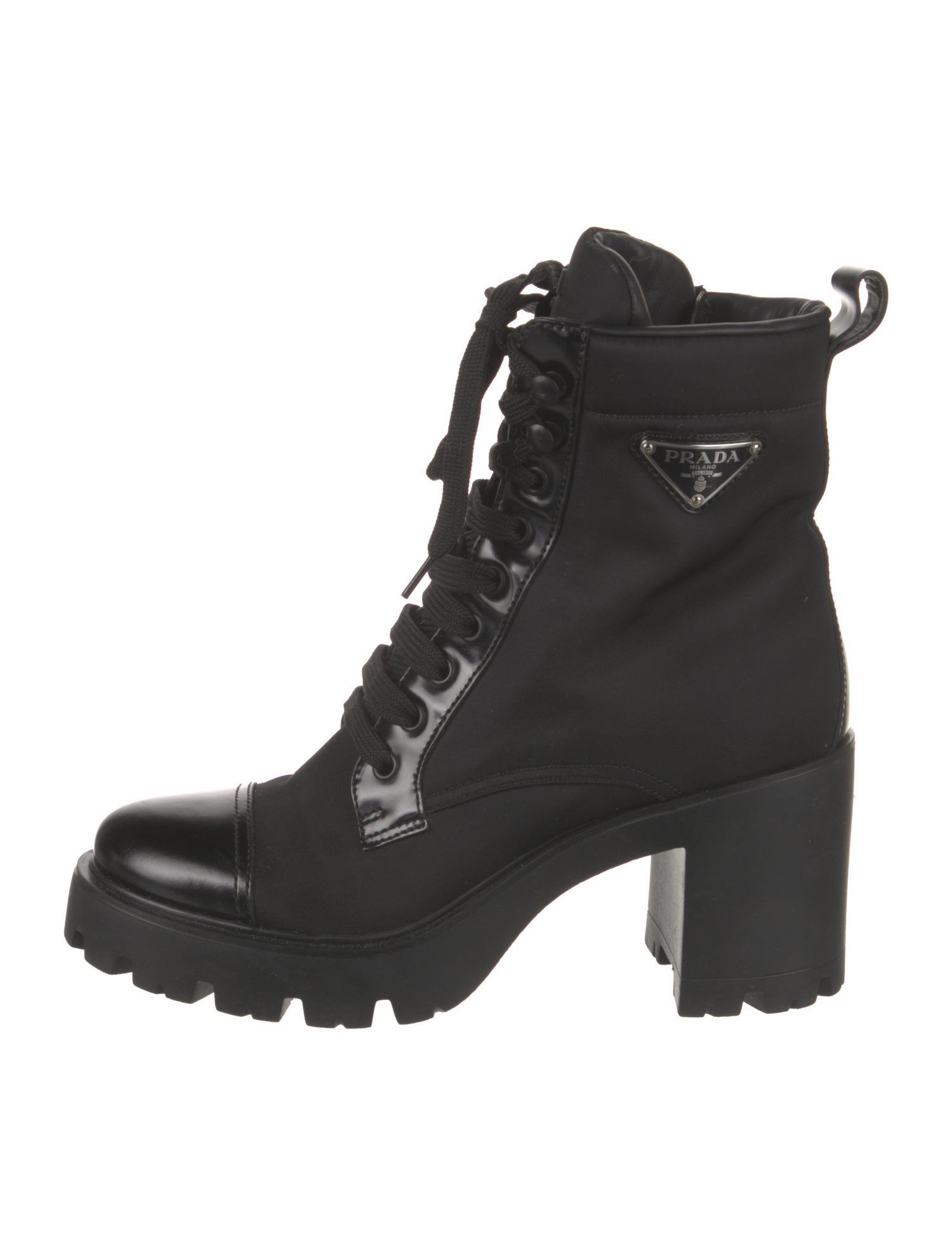 Prada Enameled Metal Triangle Nylon Combat Boots